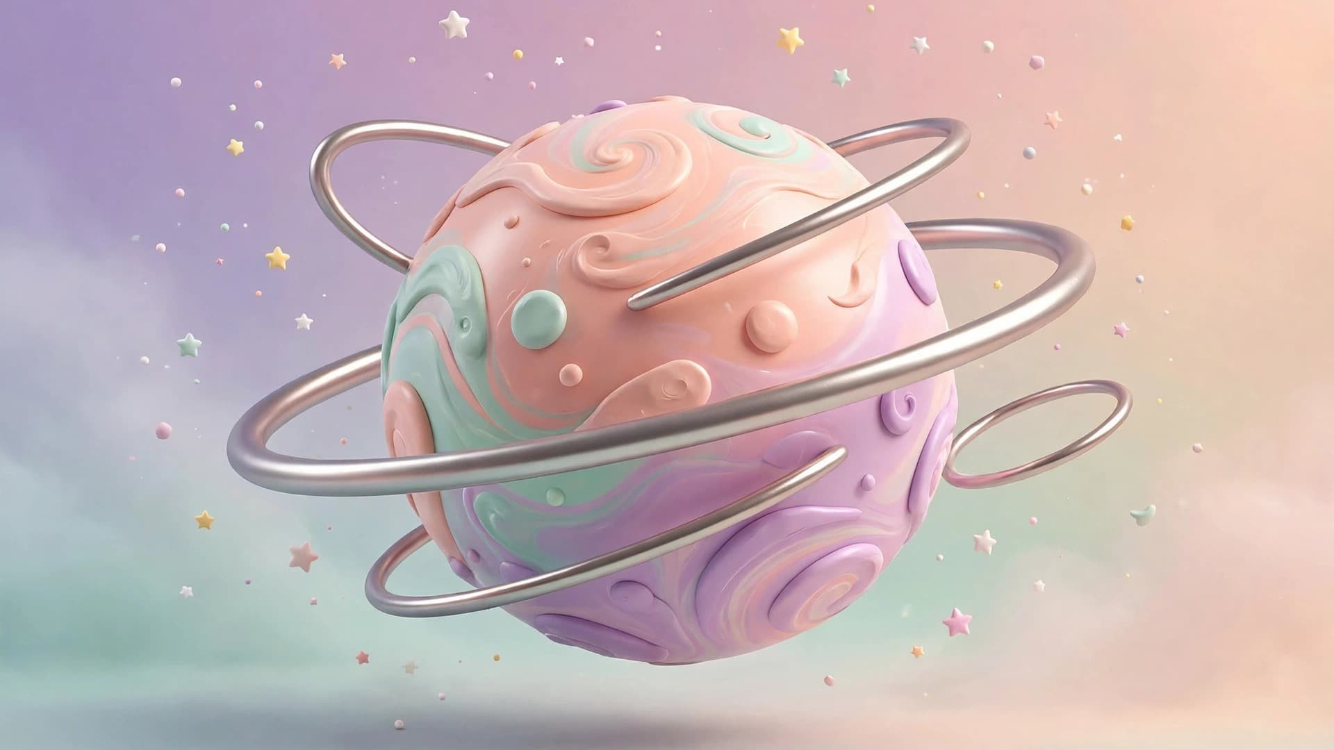 Pastel 3D Planet with Metallic Rings