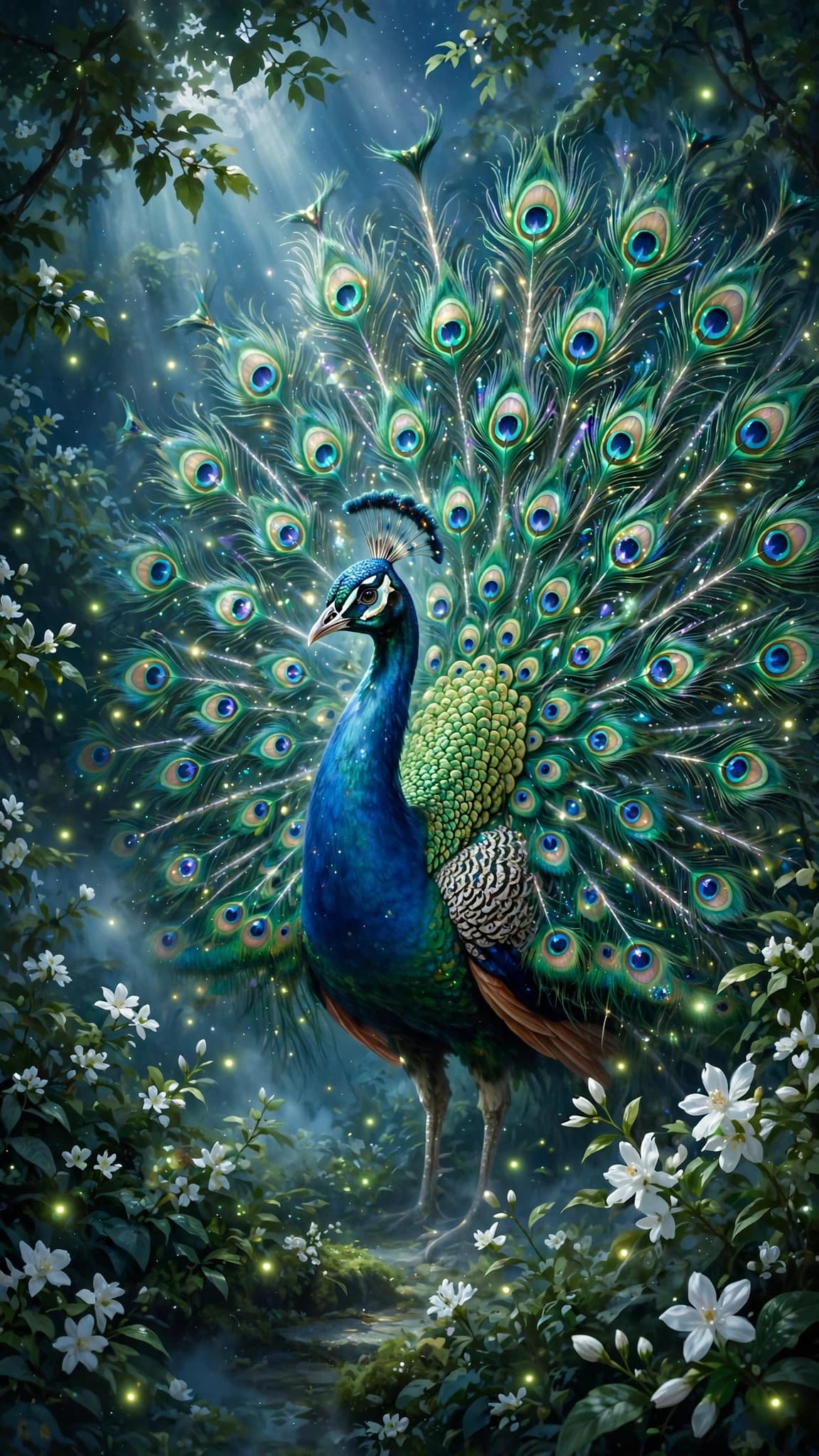 Peacock in a Moonlit Garden — Elegant Phone Wallpaper — free wallpaper preview