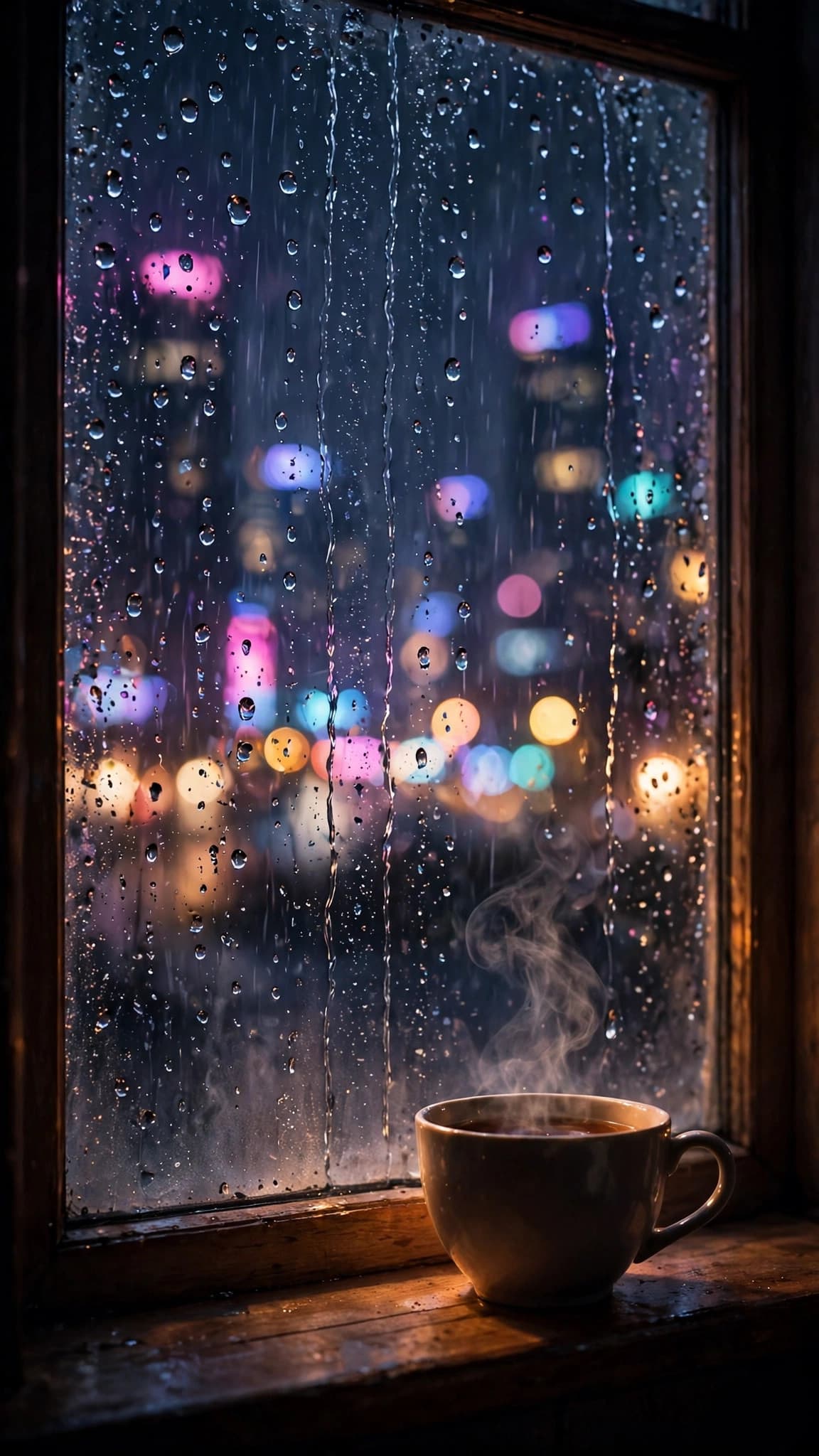 Rainy Window Over a Neon City at Night — Cozy Phone Wallpaper — free wallpaper preview