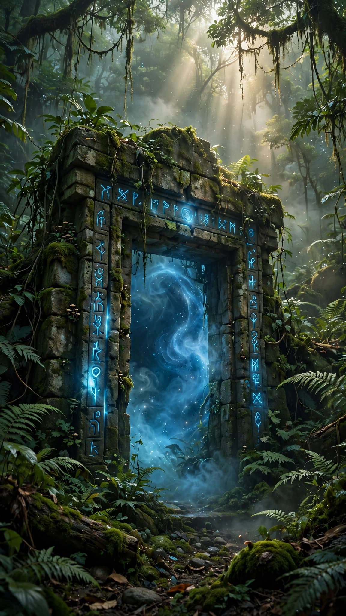 Ancient Rune Doorway in a Misty Jungle — Fantasy Phone Wallpaper