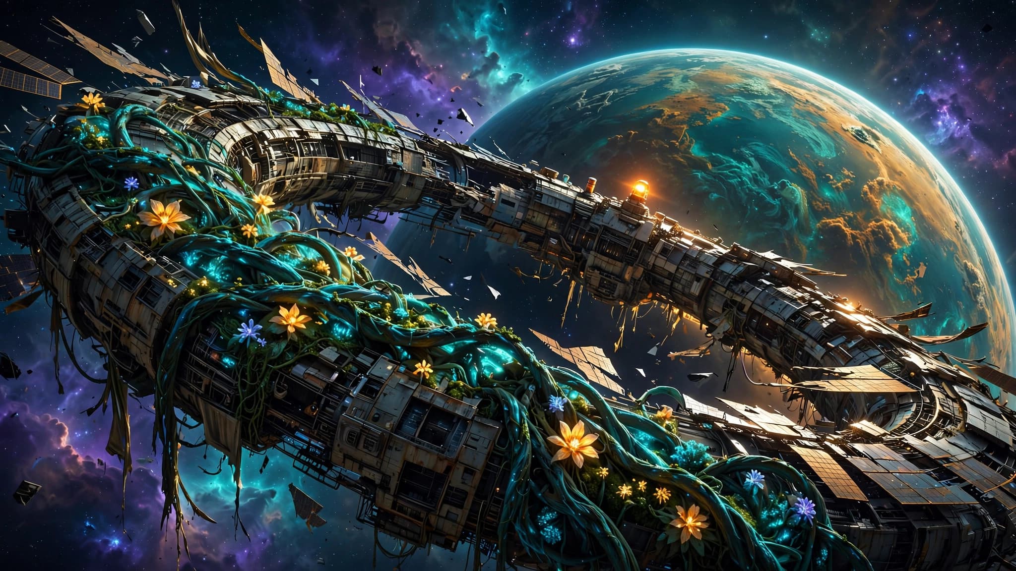 Derelict Orbital Greenhouse Reclaimed by Bioluminescent Vines — free ai image preview