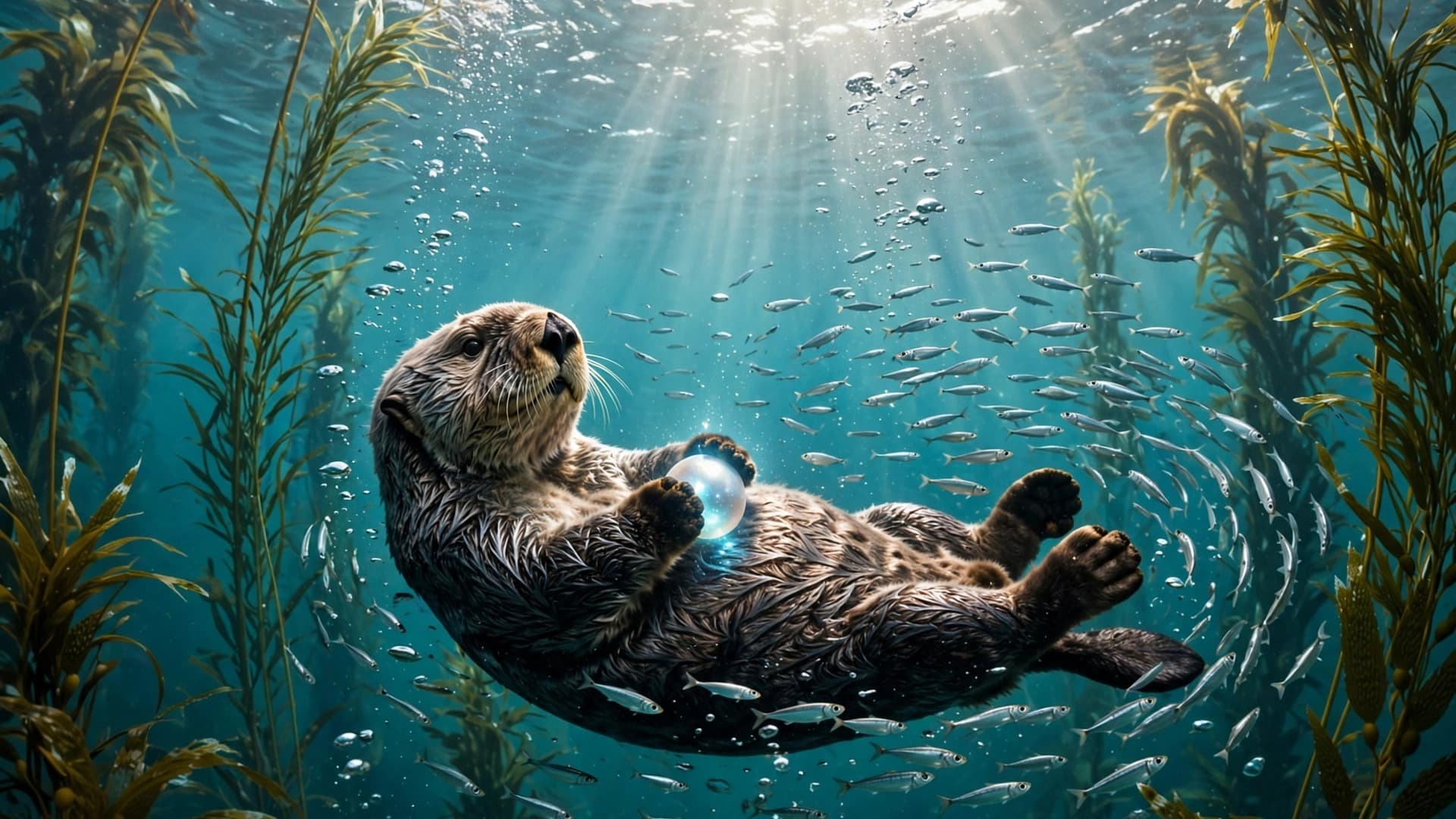 Sea Otter with a Glowing Pearl in the Kelp Forest — free ai image preview