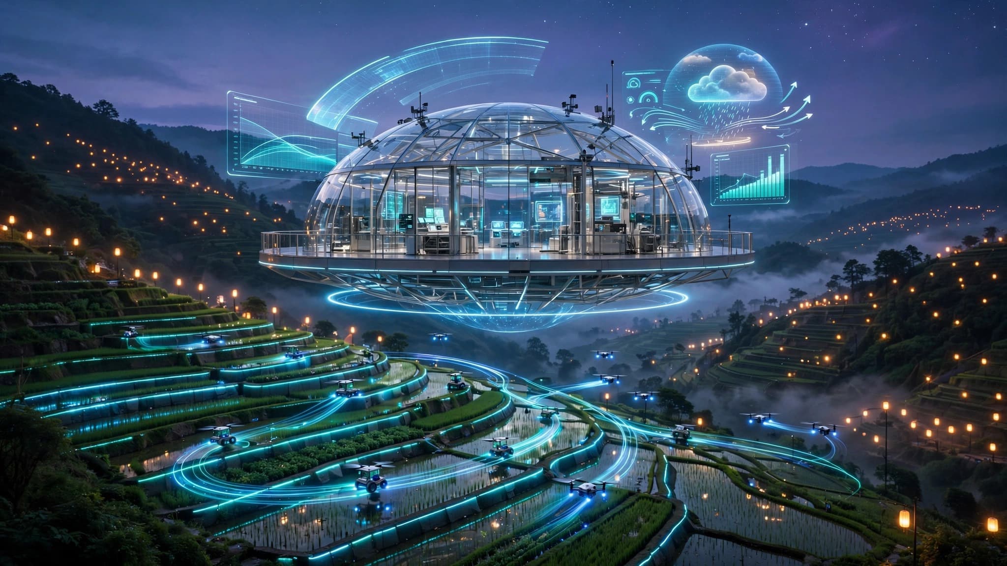 Holographic Smart-Farm Hub Above Neon Rice Terraces — free ai image preview