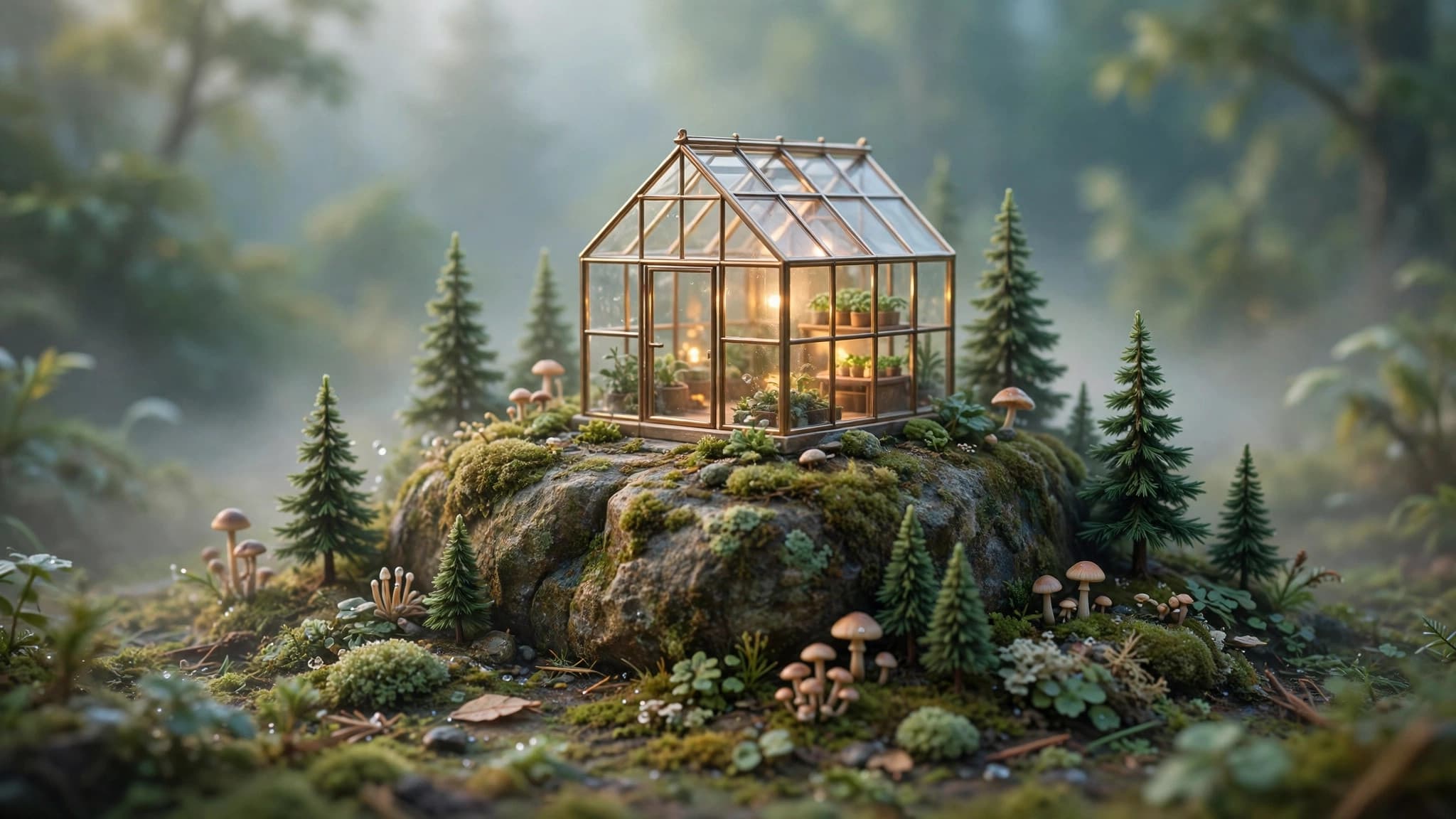 Tiny Glass Greenhouse on a Mossy Rock — 3D Render — free ai image preview