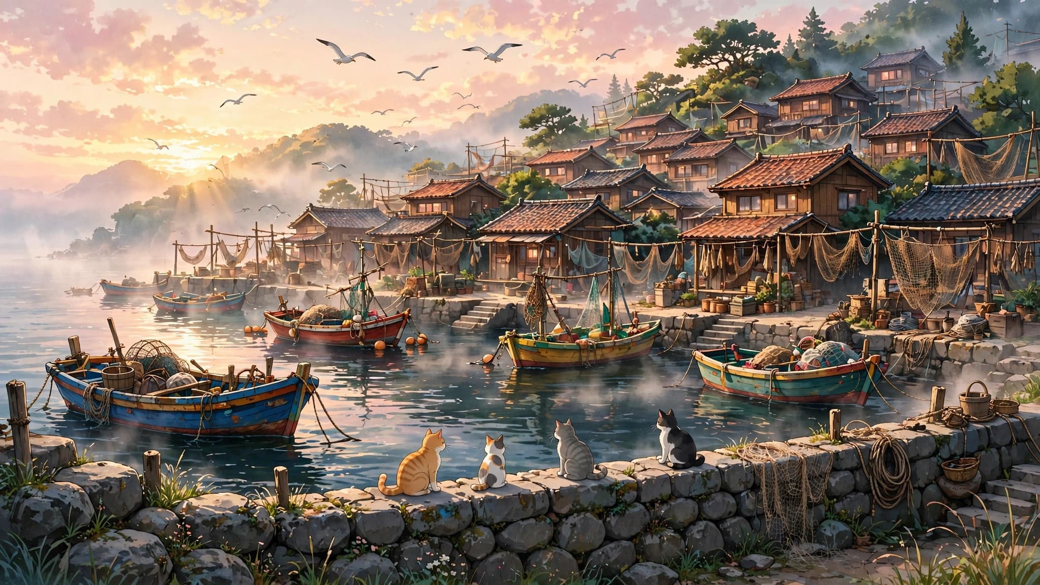 Anime Fishing Village at Sunrise — free ai image preview