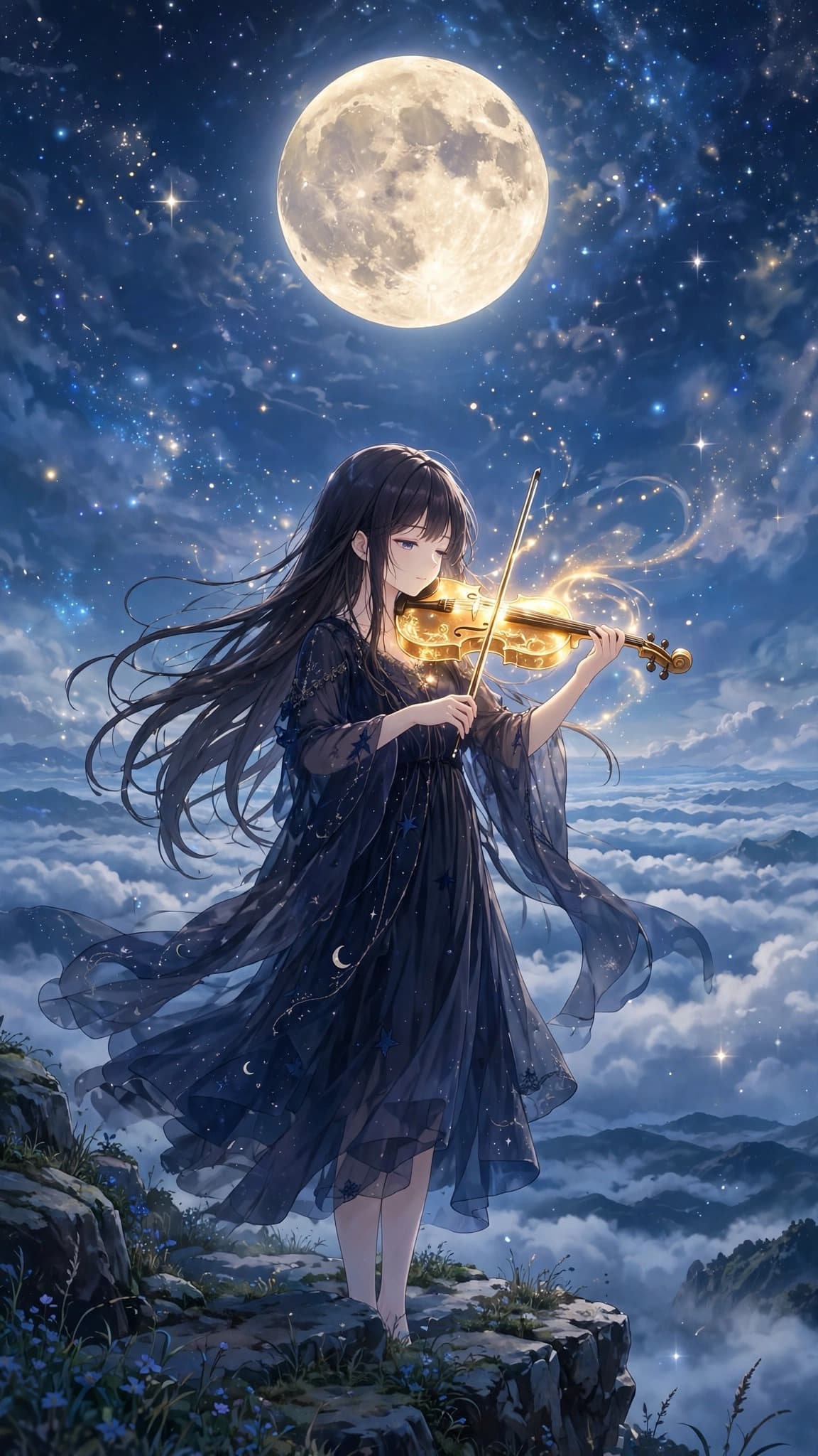 Anime Violin Under the Full Moon — Anime Phone Wallpaper — free wallpaper preview