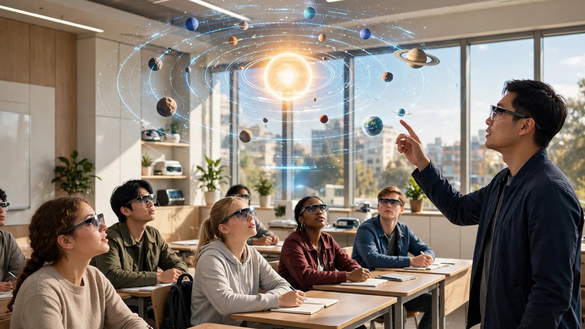 AR Classroom with a Holographic Solar System — Free Technology Image — free ai image preview