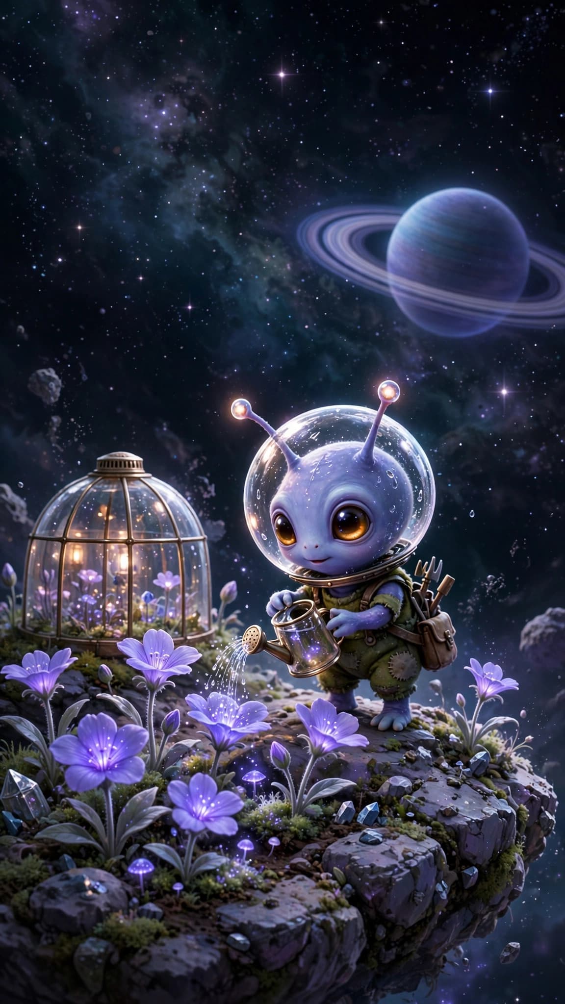 Alien Gardener Watering Moonflowers on an Asteroid — Sci-Fi Phone Wallpaper — free wallpaper preview