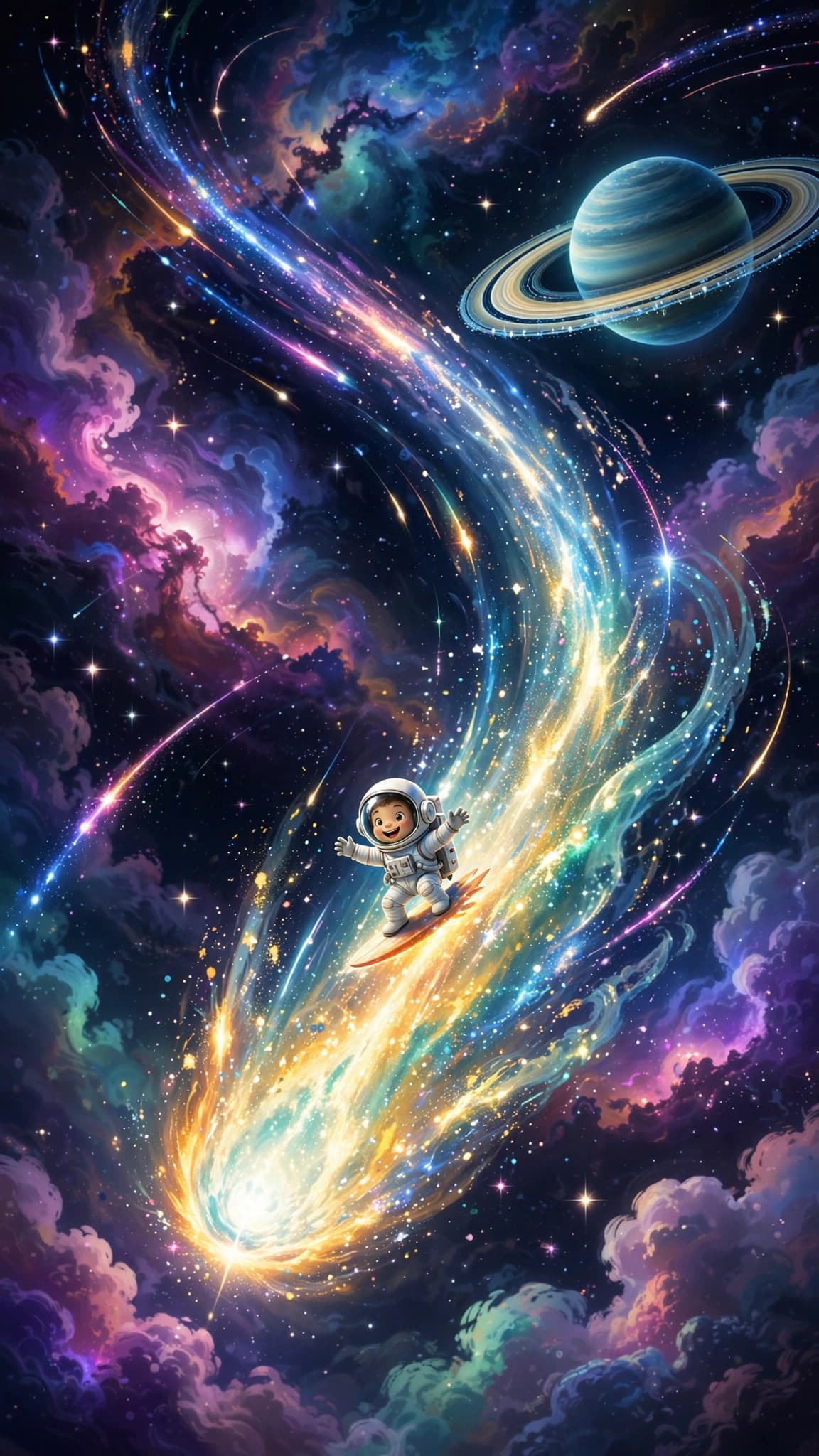 Astronaut Surfing a Comet — Sci-Fi Phone Wallpaper — free wallpaper preview