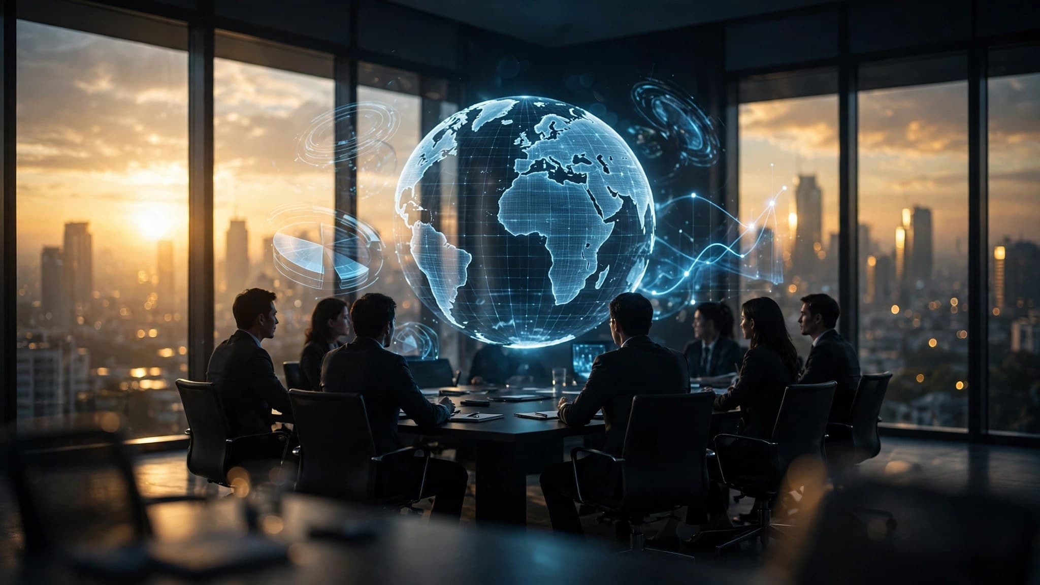 Dawn Boardroom with Holographic World Map Overlooking the Skyline — free ai image preview