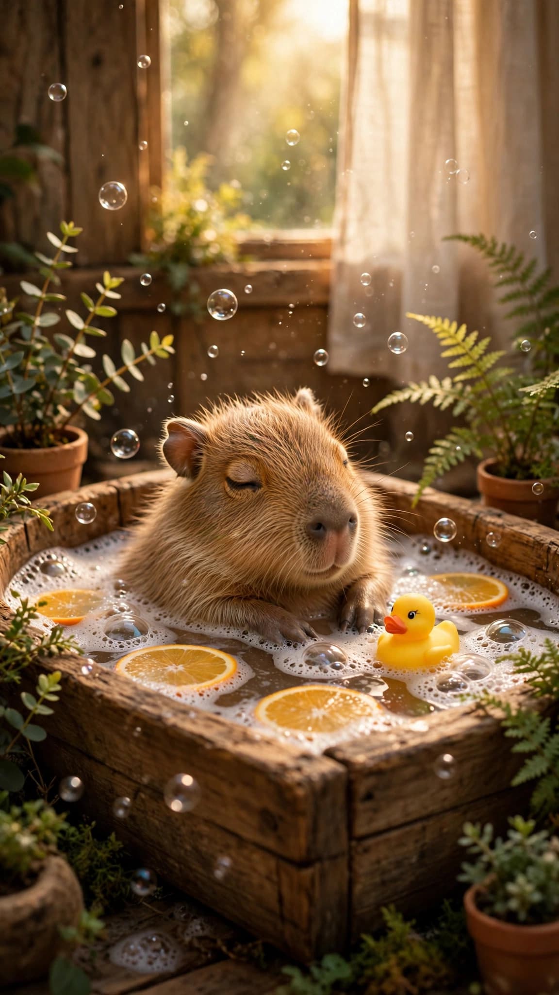Baby Capybara in a Wooden Bubble Bath — Cute Phone Wallpaper — free wallpaper preview