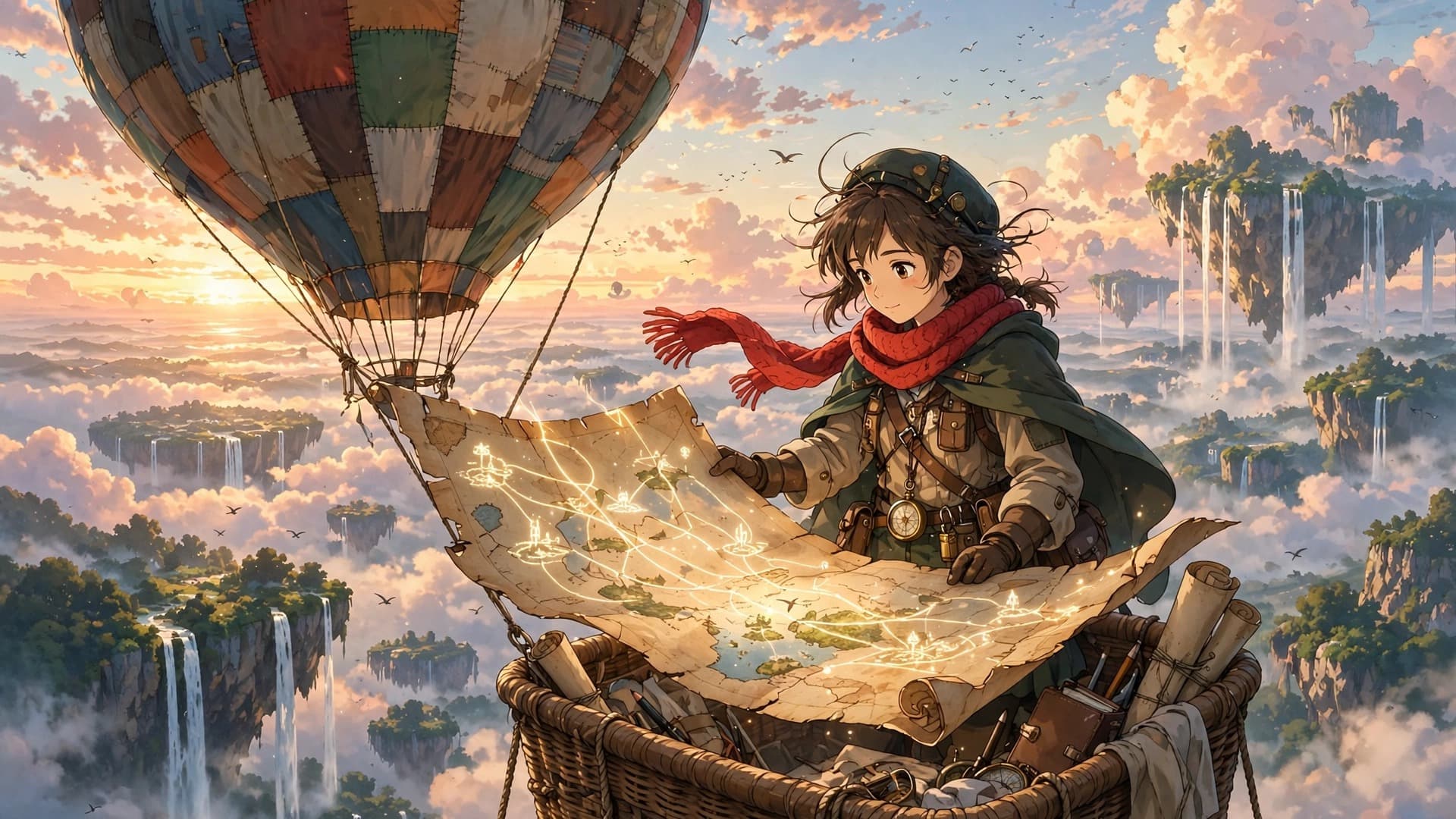 Anime Cartographer Girl Mapping Floating Sky Islands from a Hot-Air Balloon — free ai image preview