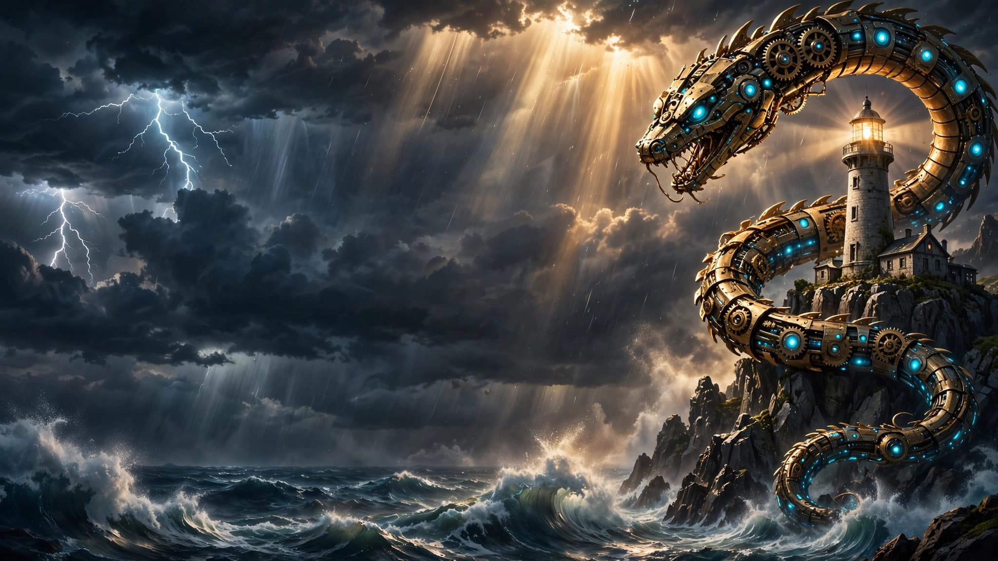 Clockwork Sea Serpent Coiling Around a Storm Lighthouse — YouTube Background