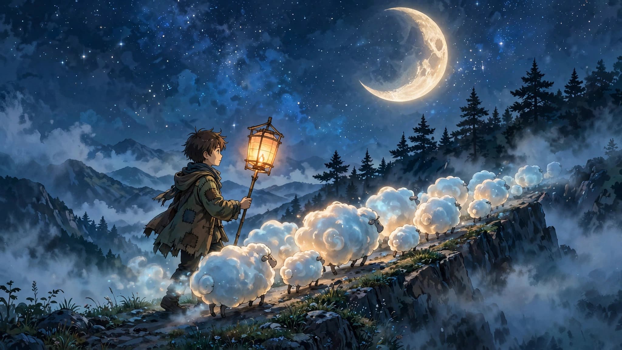 Anime Shepherd Boy and His Glowing Cloud Sheep — free ai image preview