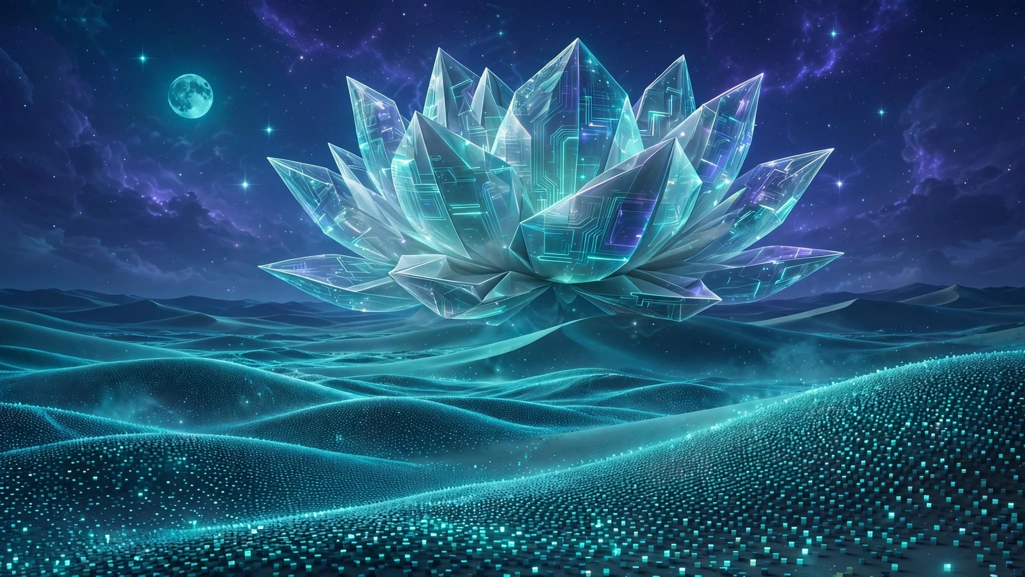 Holographic Code Lotus Blooming Over a Midnight Digital Desert