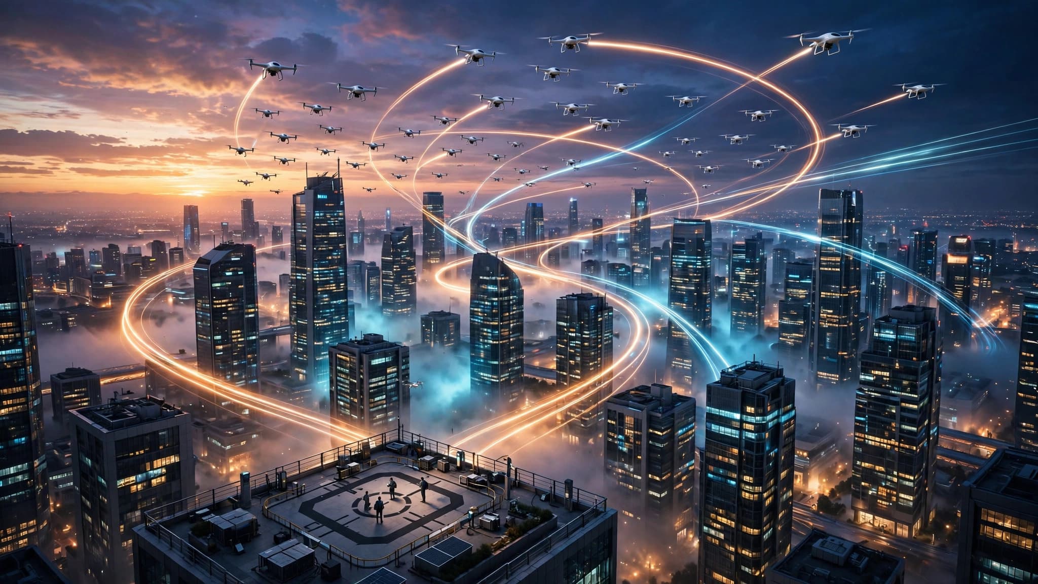 Drone Swarm Over a Futuristic Smart City — Technology Visual — free ai image preview