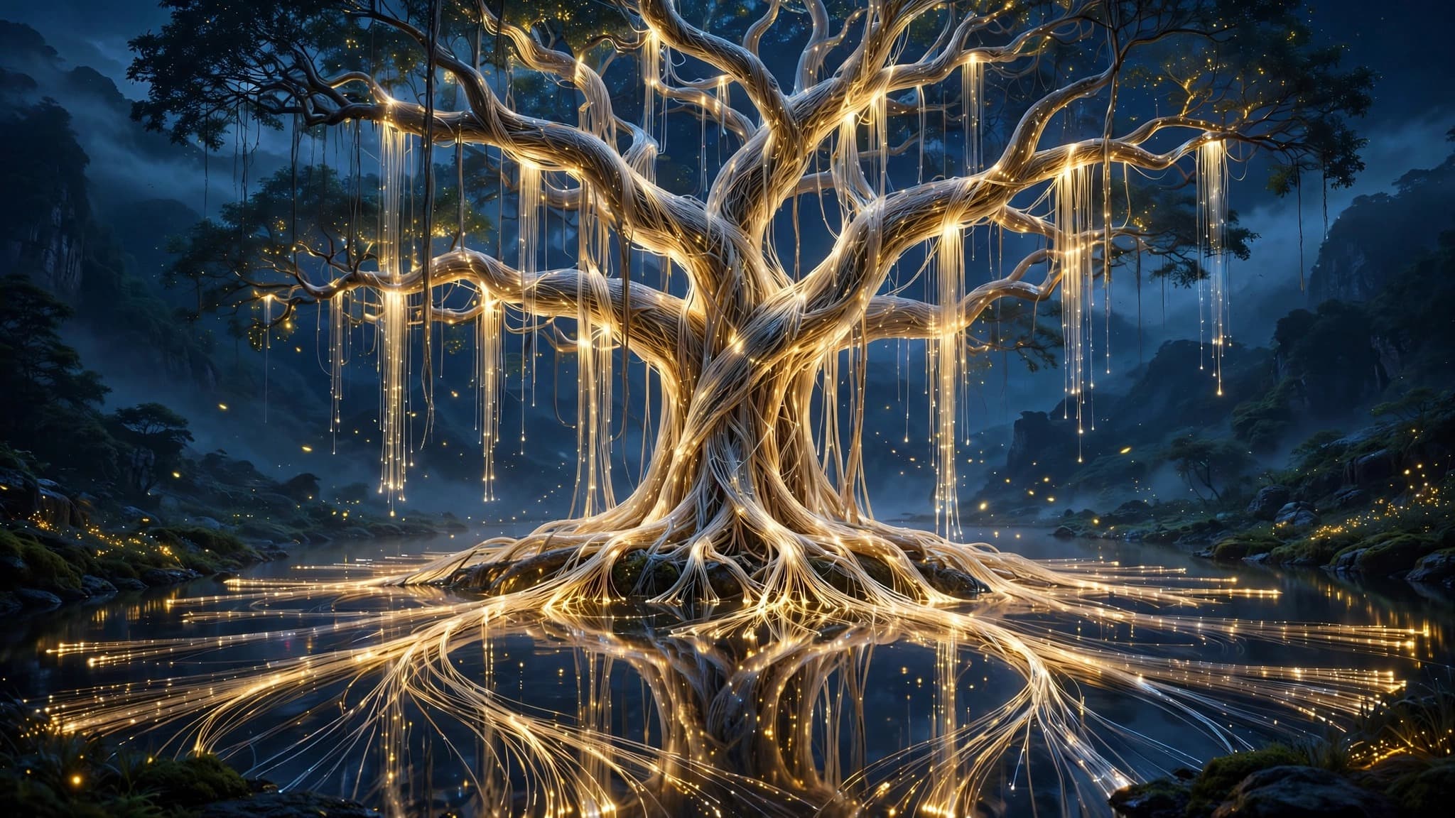 Glowing Fiber-Optic Banyan Tree Over Mirror-Still Water at Night — free ai image preview