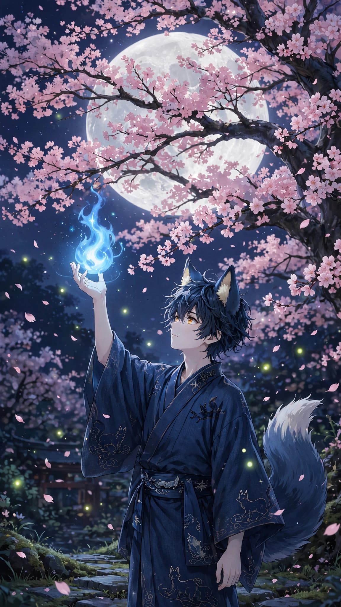 Fox Spirit Boy Under the Moonlit Cherry Tree — Anime Phone Wallpaper