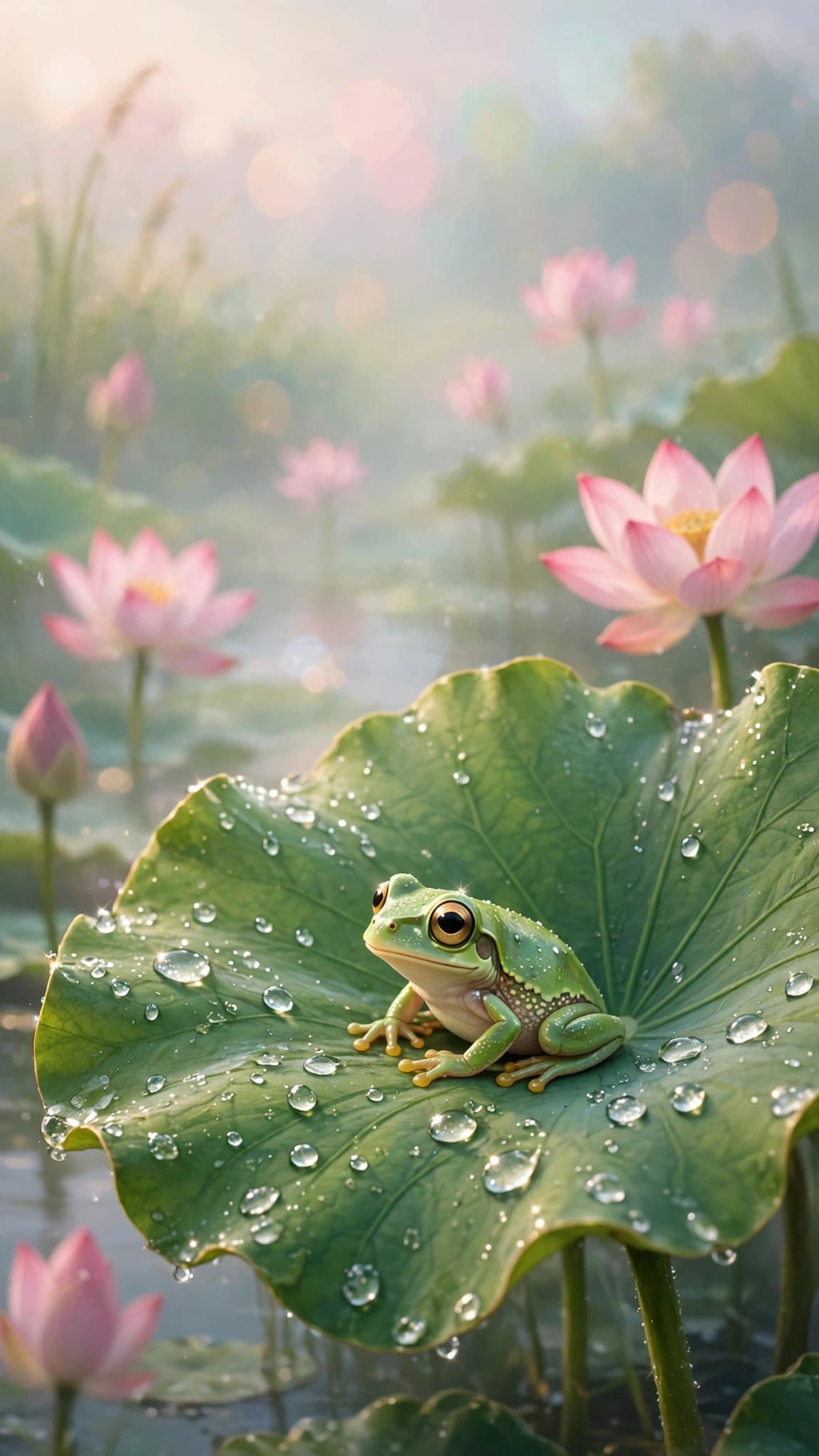 Tiny Frog on a Lotus Leaf — Cute Phone Wallpaper — free wallpaper preview