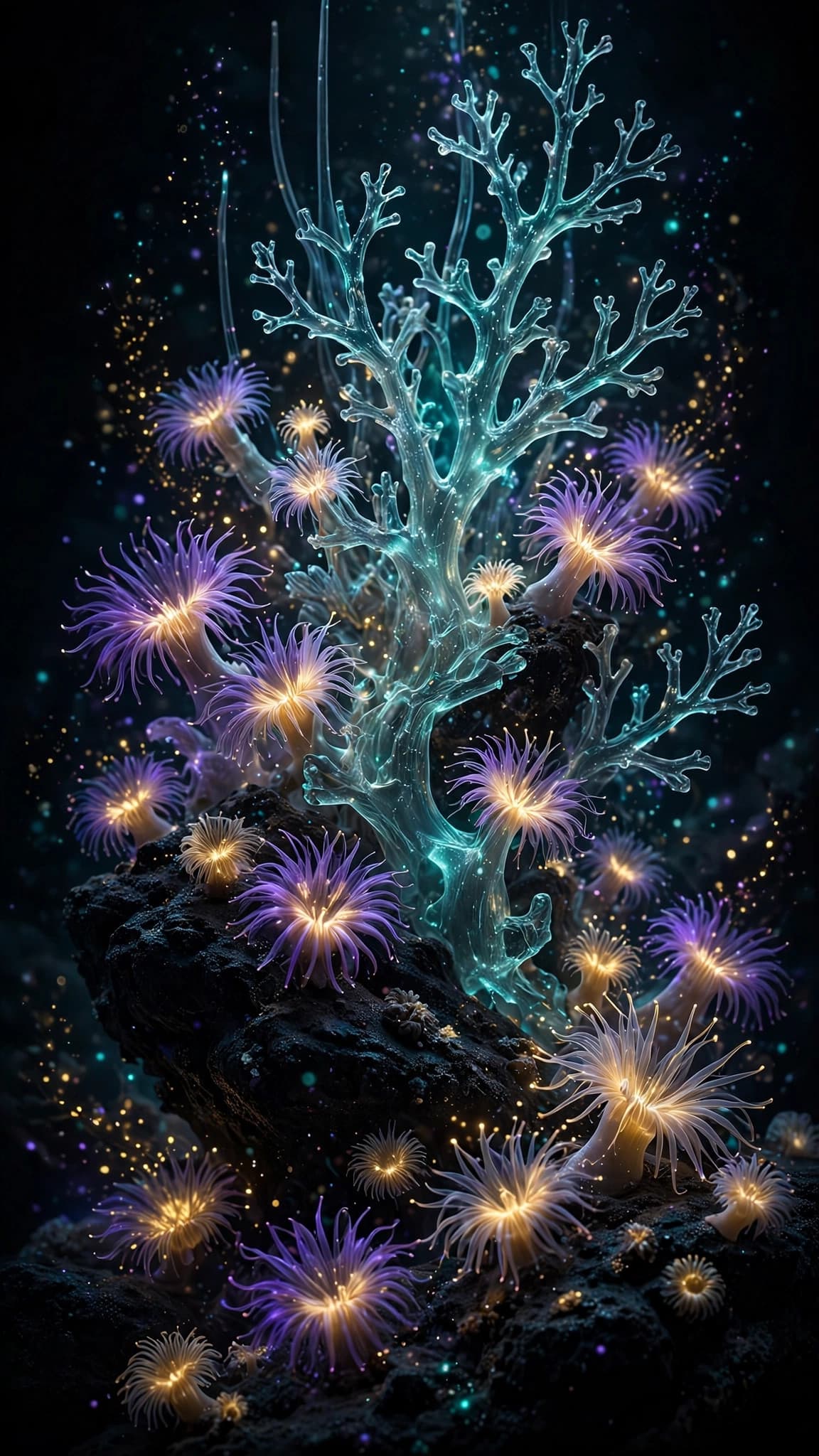 Glowing Glass Coral Garden in the Deep Abyss — AMOLED Phone Wallpaper — free wallpaper preview