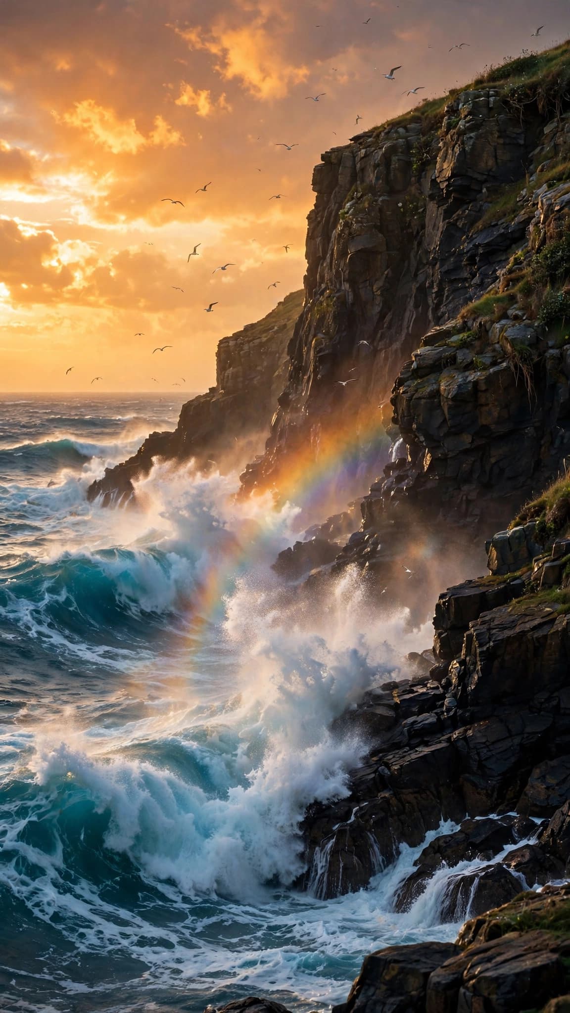 Golden Sunset Waves Crashing on a Cliff — Nature Phone Wallpaper
