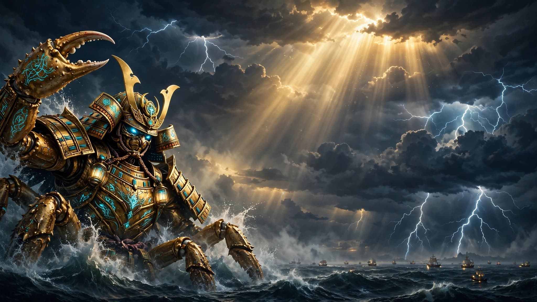 Golden Samurai Crab Warrior Rising From a Stormy Sea — YouTube Background — free ai image preview