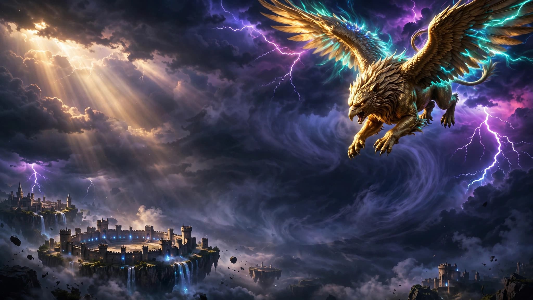 Golden Griffin Diving Through a Neon Storm Sky Above a Floating Castle Arena — YouTube Background — free ai image preview