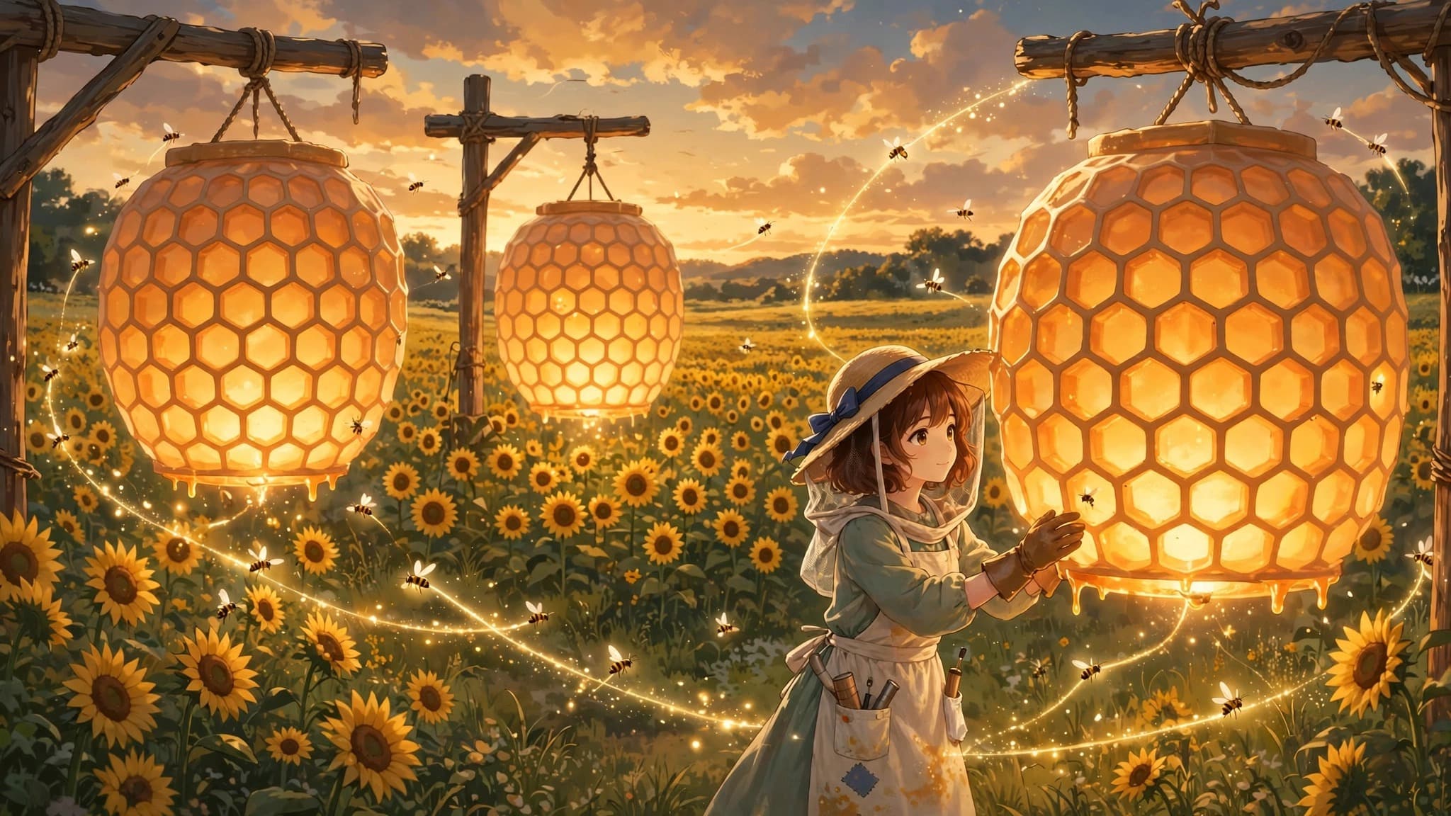 Anime Beekeeper Tending Giant Glowing Honeycomb Lantern Hives in a Sunflower Meadow — Free AI Image — free ai image preview