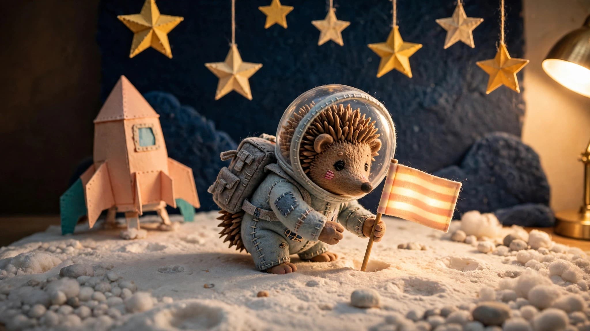 Tiny Clay Hedgehog Astronaut Planting a Flag on a Marshmallow Moon