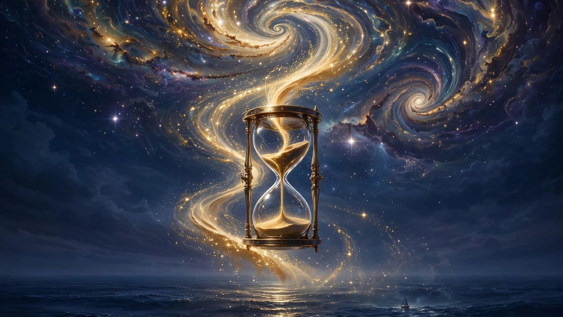 Floating Hourglass of Golden Stardust Over the Night Sea — free ai image preview