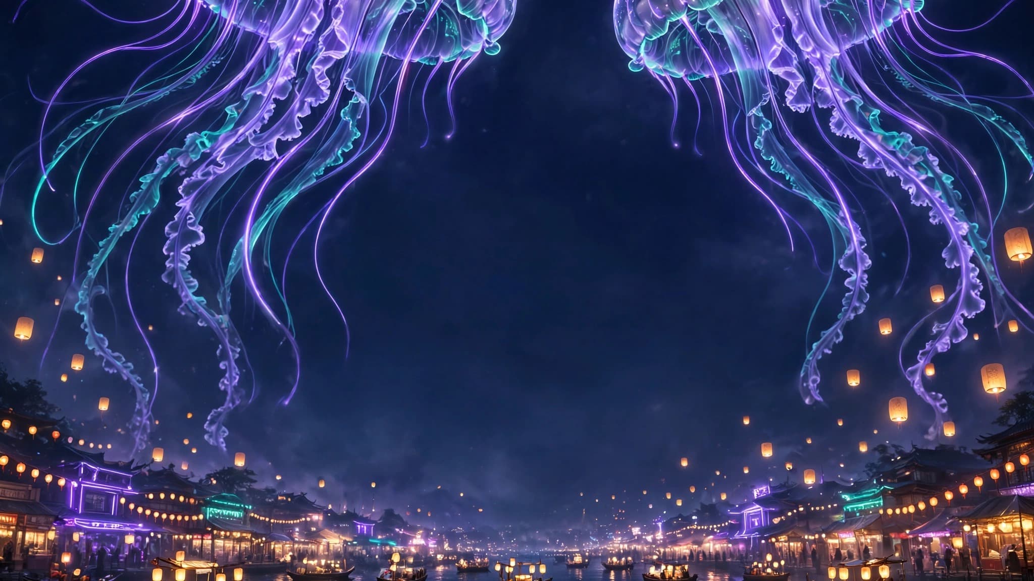 Glowing Jellyfish Over a Neon Harbour Festival — Free YouTube Background — free ai image preview