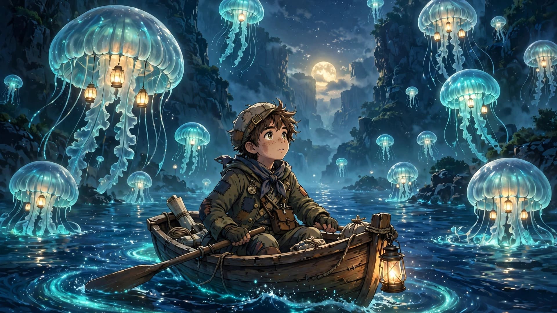 Young Explorer Sailing Through a Lantern-Jellyfish Canyon — Anime Art