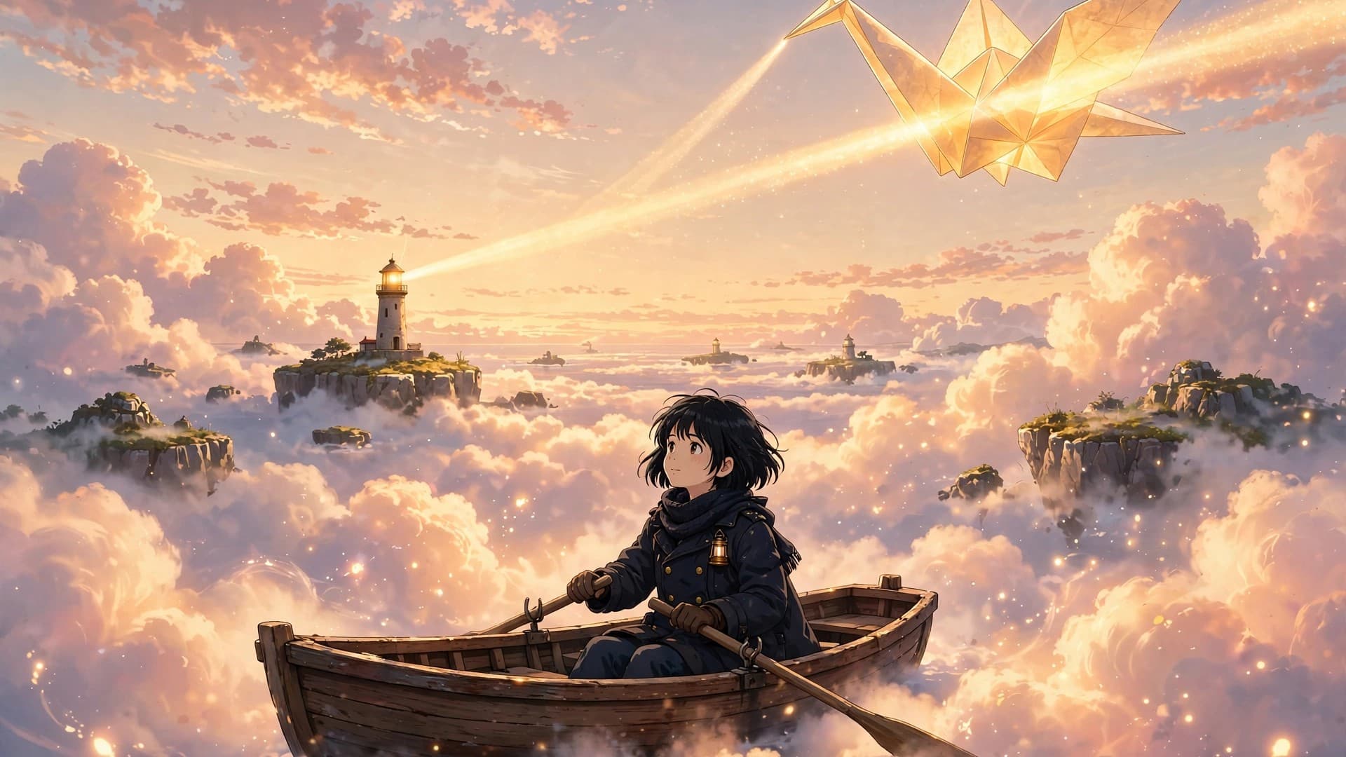 Anime Lighthouse Keeper Girl Rowing Through a Sea of Clouds — free ai image preview