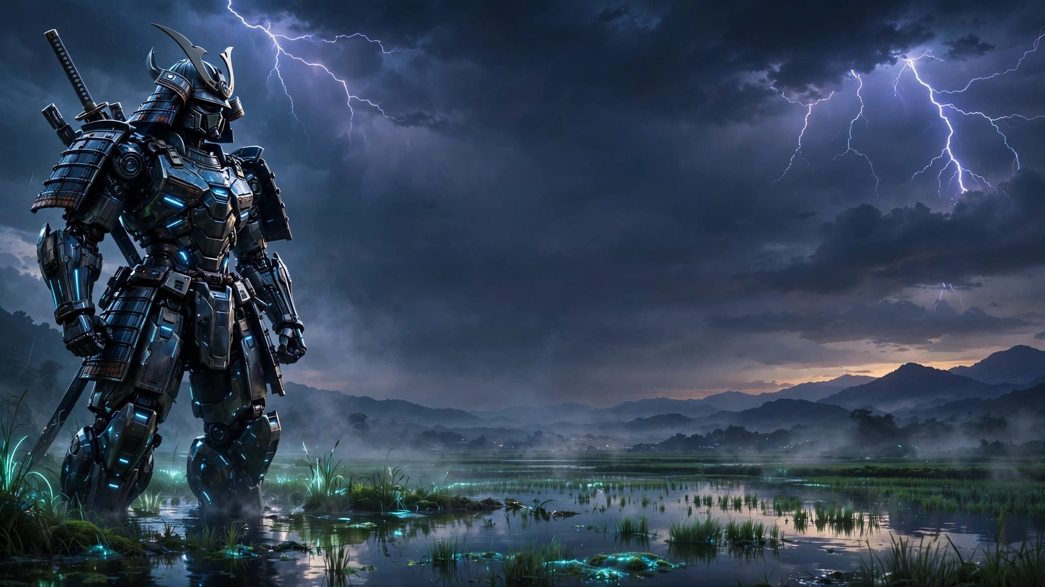 Mech Samurai Standing in a Stormy Rice Field — free ai image preview