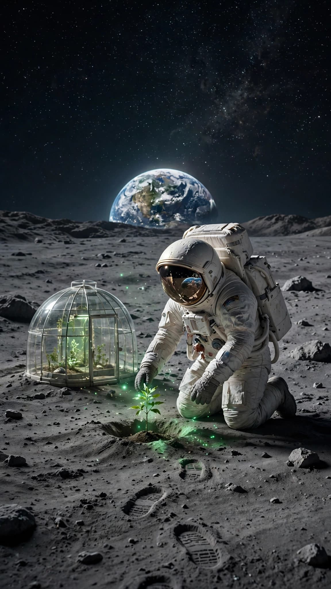 Astronaut Planting a Glowing Sapling on the Moon — Sci-Fi Phone Wallpaper — free wallpaper preview