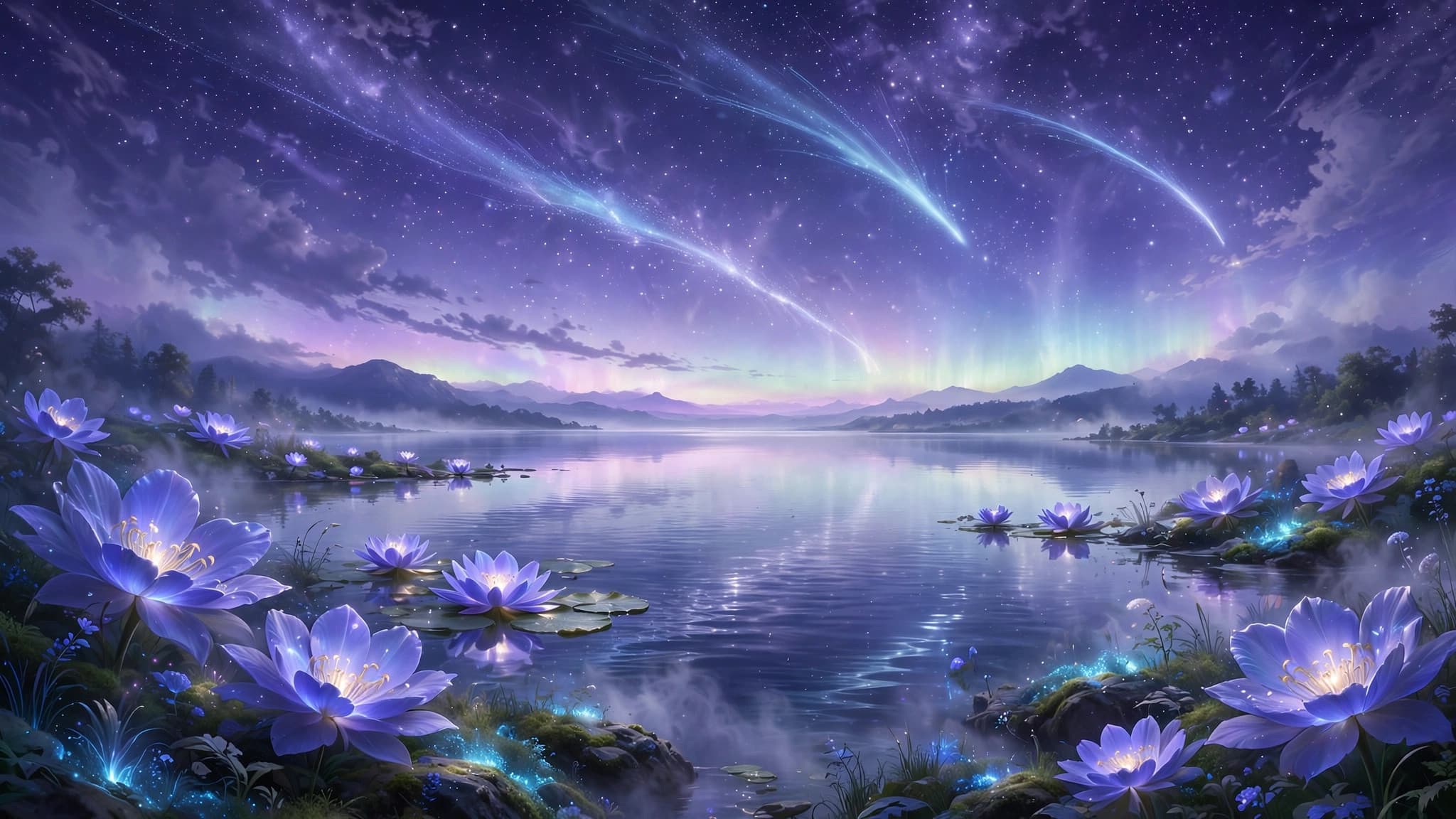 Glowing Moonflowers Over a Silver Lake — Original AI Art — free ai image preview