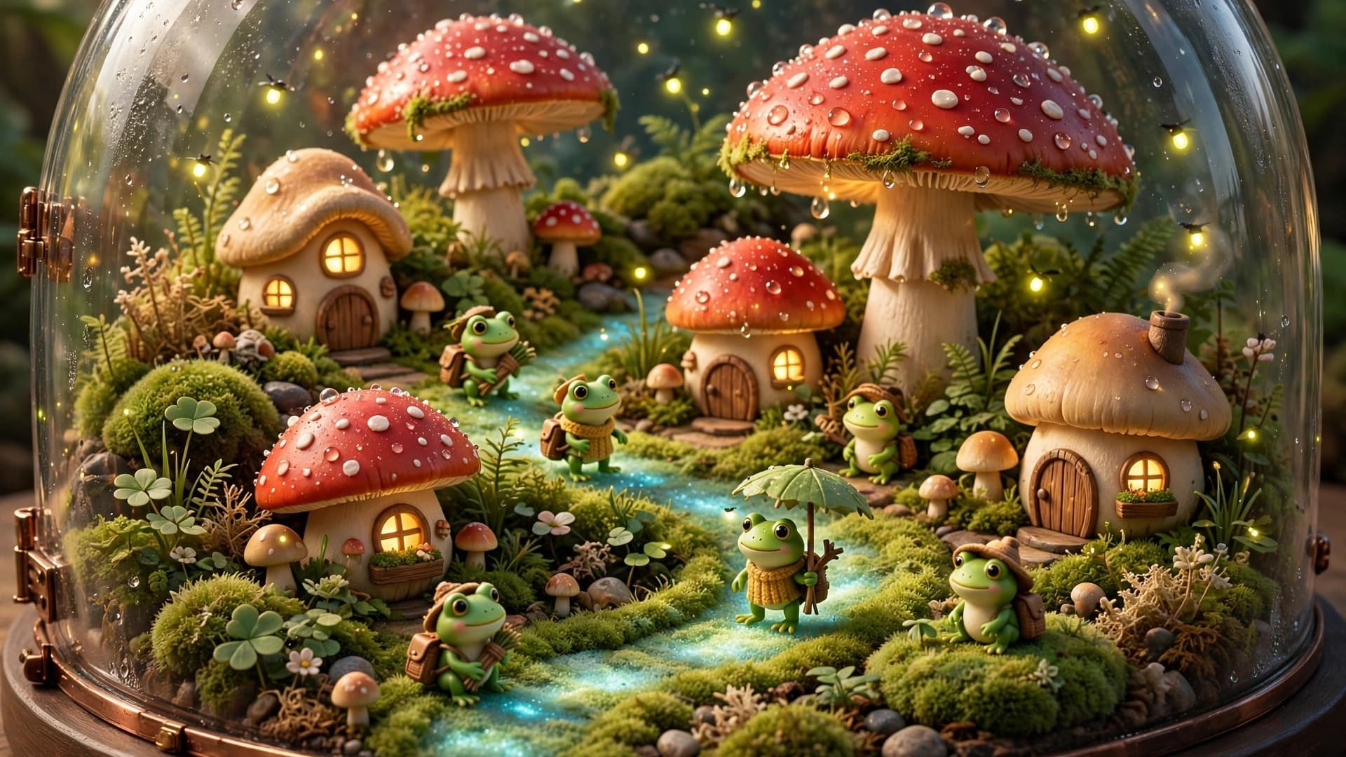Tiny Mushroom Village Terrarium — Cute 3D Render — free ai image preview
