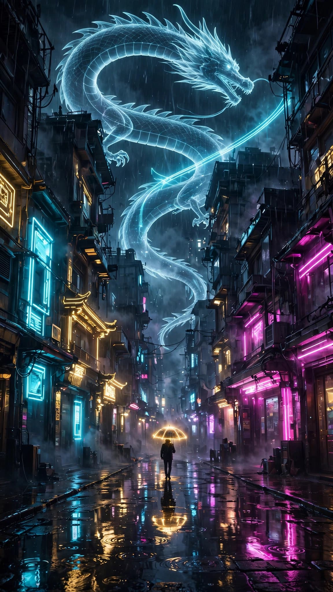 Neon Dragon Hologram Over a Rainy Cyberpunk Alley — Cyberpunk Phone Wallpaper — free wallpaper preview