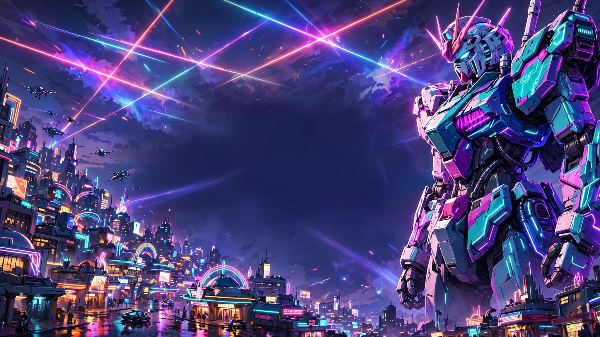 Neon Mecha Over Retro Arcade City — YouTube Thumbnail Background — free ai image preview