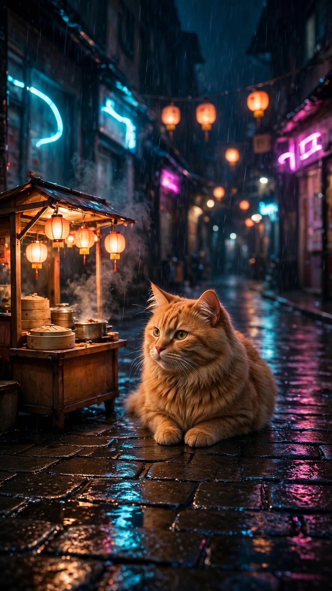 Orange Cat in a Neon Rain Street — Cyberpunk Phone Wallpaper — free wallpaper preview