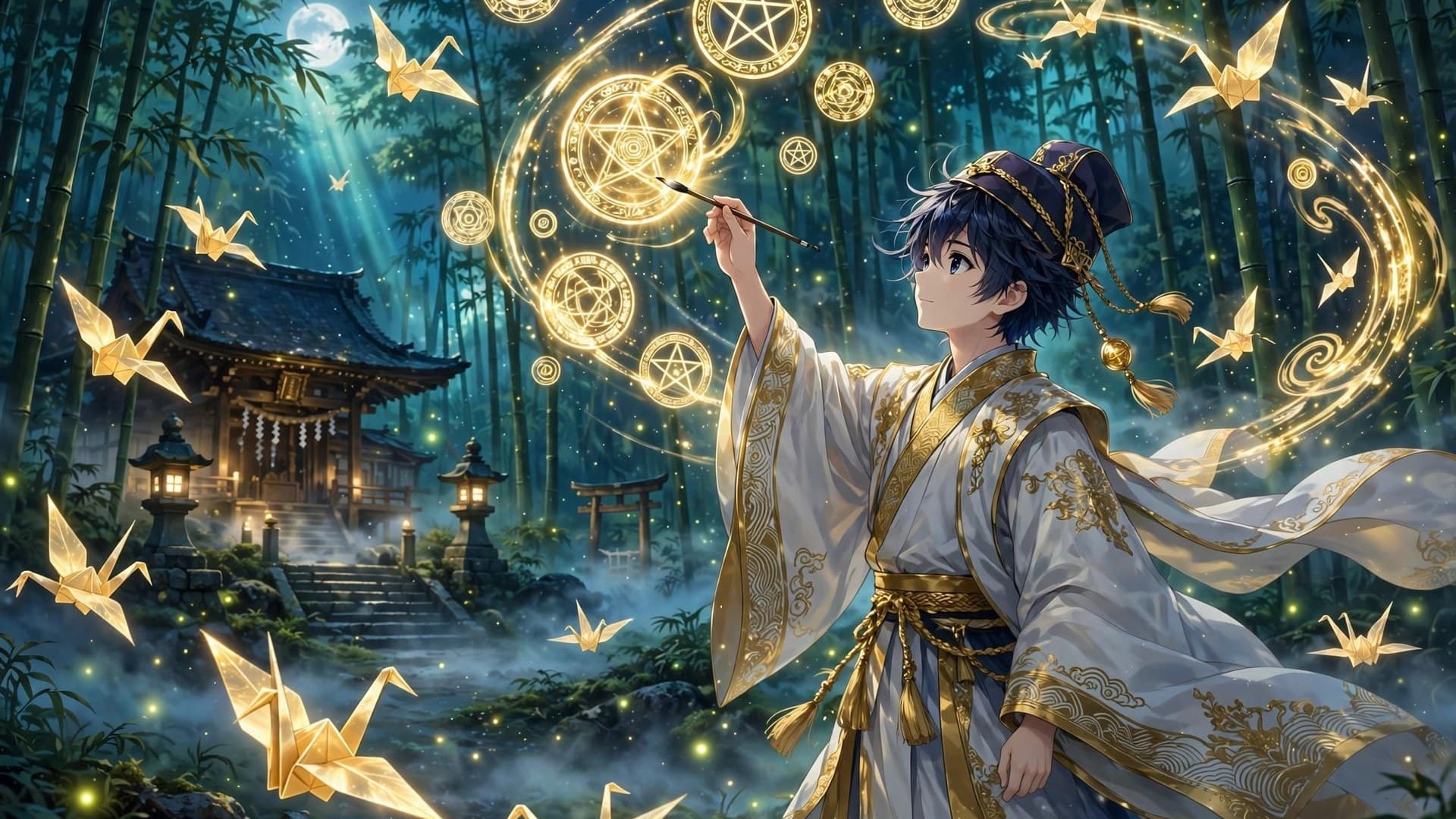 Onmyoji Boy Painting Golden Ward Seals at the Moonlit Shrine — free ai image preview