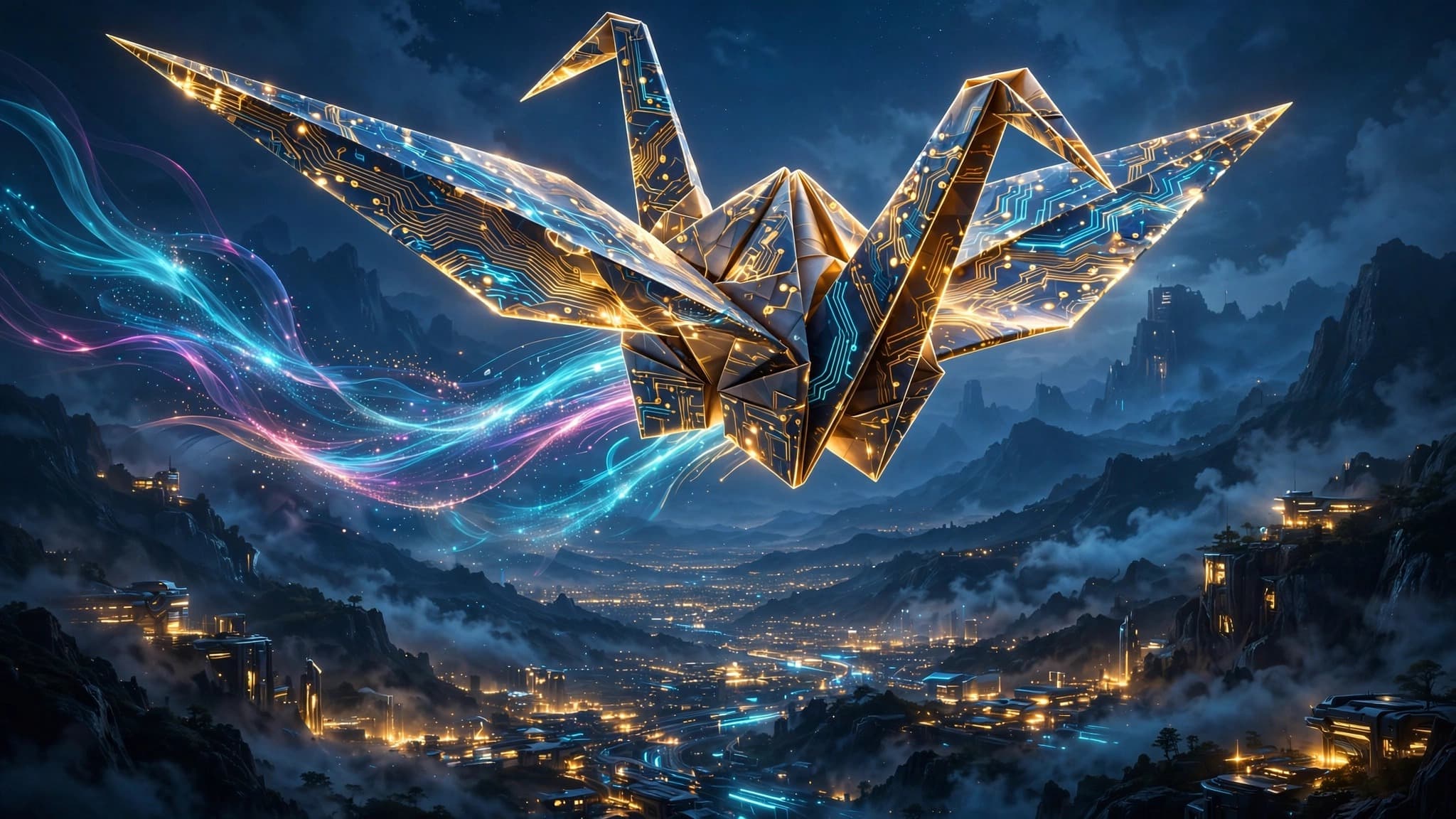 Origami Circuit Crane Soaring Over a Futuristic Night Valley — free ai image preview