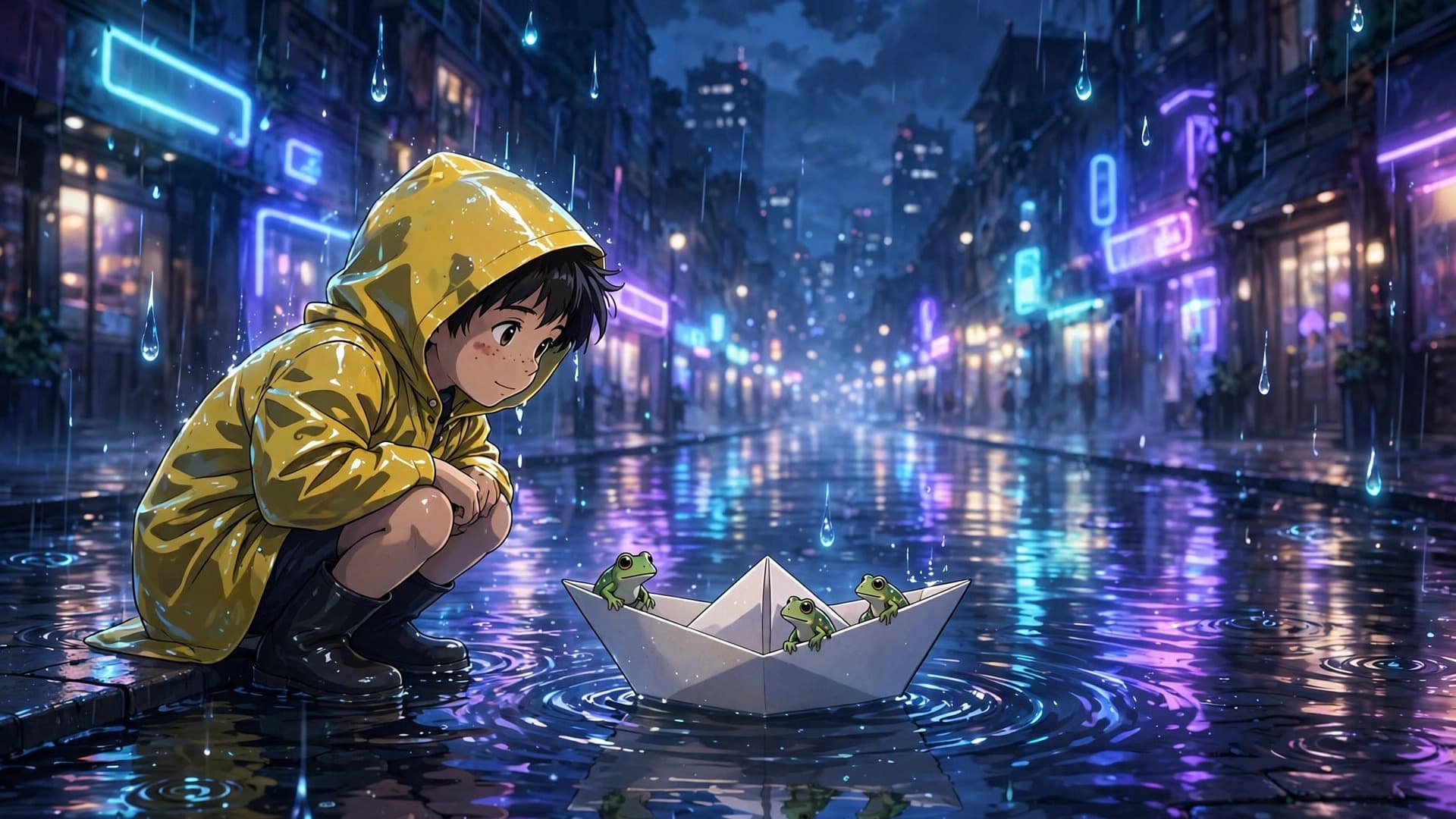 Paper Boat Sailor in a Rain-Puddle Night City — Free Anime Image — free ai image preview