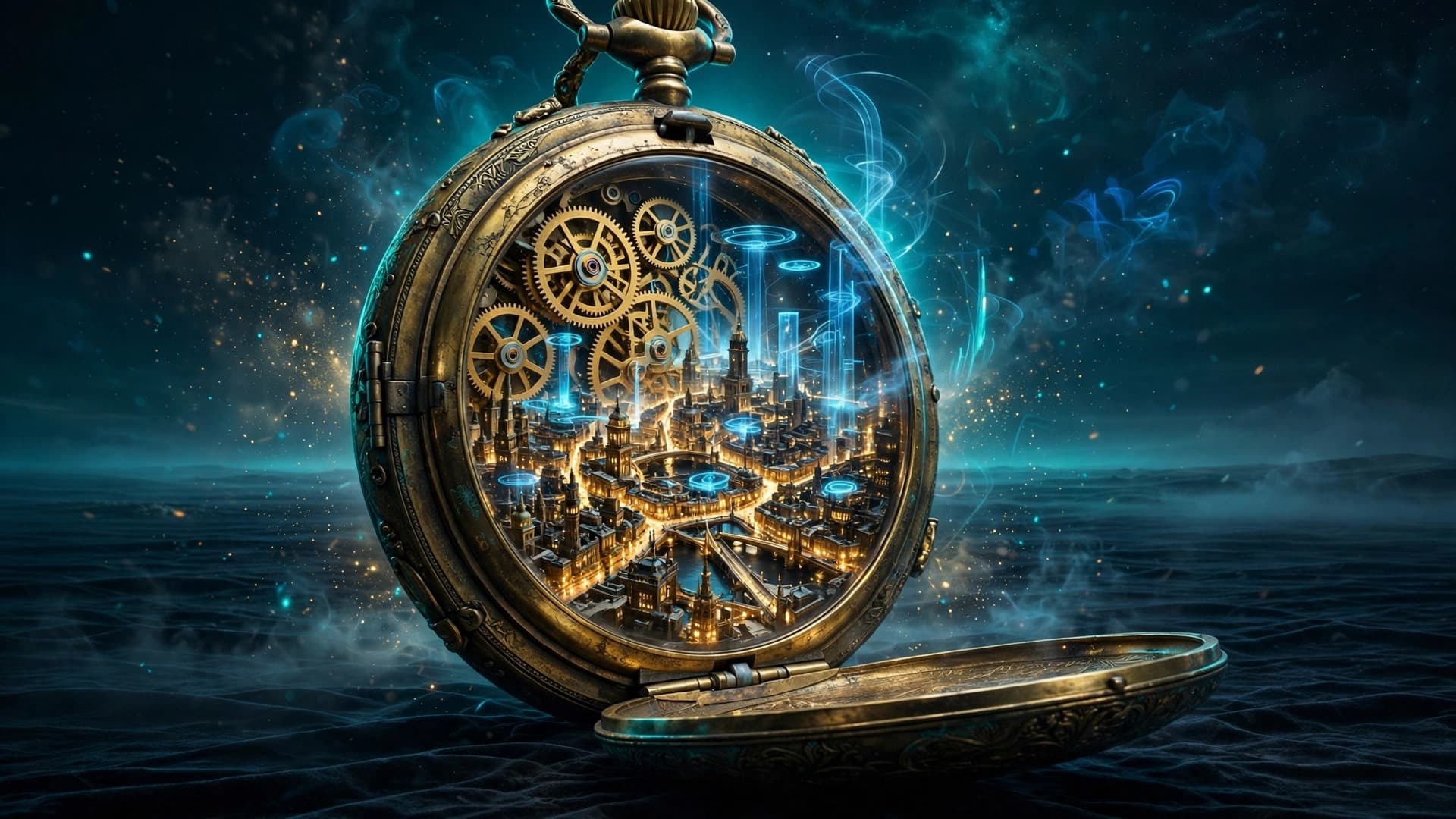 Pocket Watch City — A Miniature Glowing City Inside a Vintage Brass Watch — free ai image preview