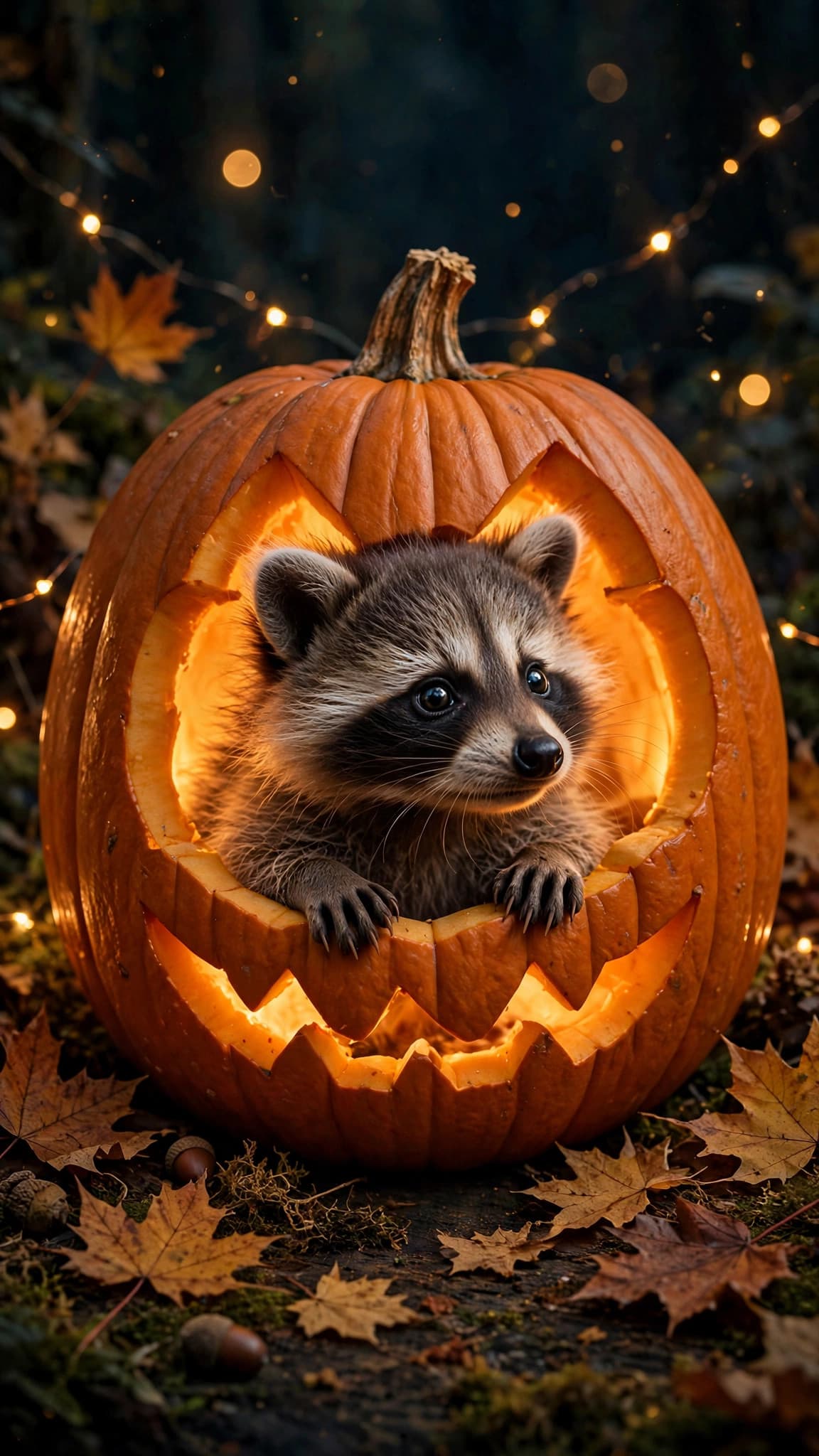 Baby Raccoon in a Glowing Pumpkin Lantern — Cute Phone Wallpaper — free wallpaper preview