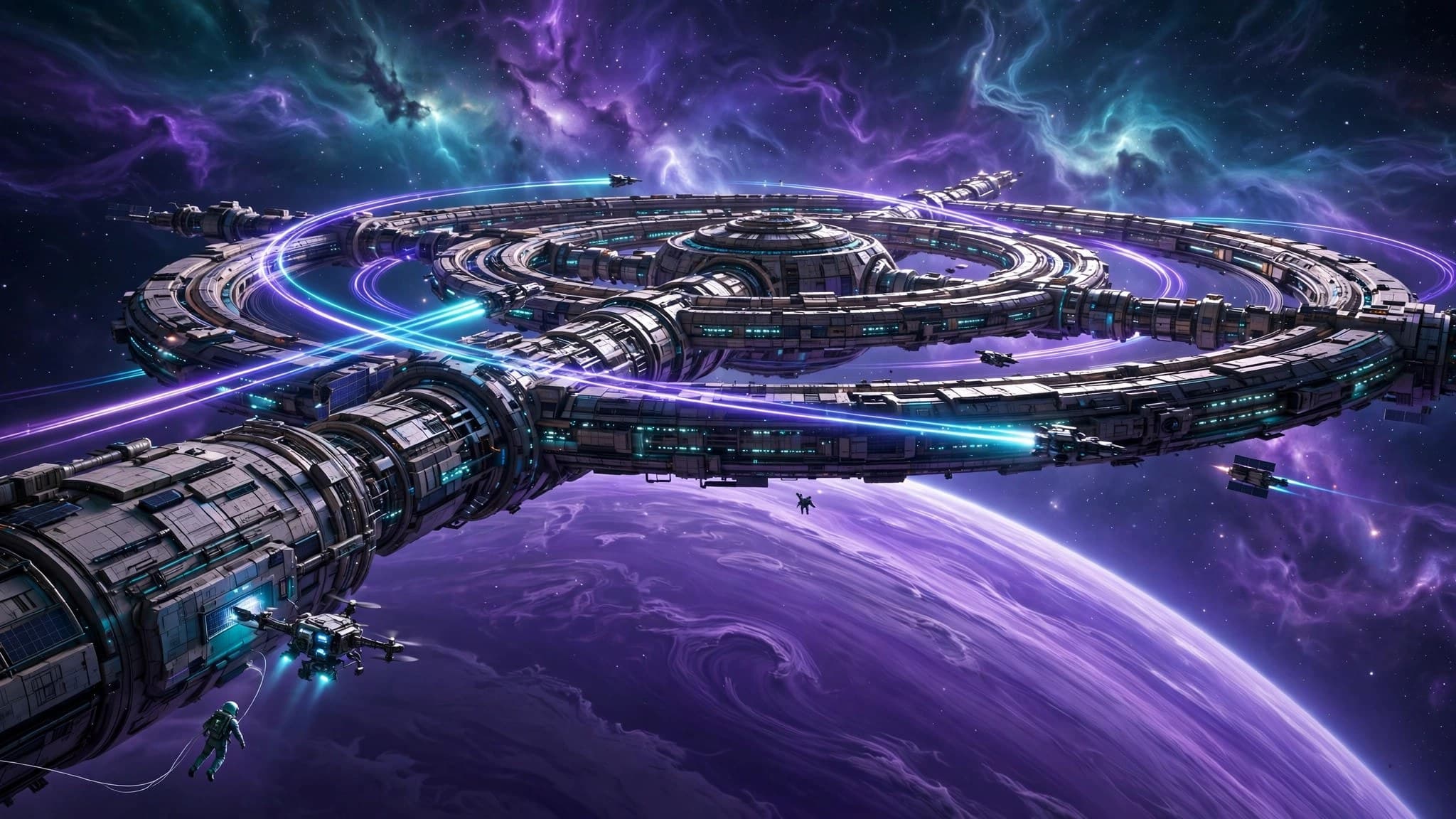Ringed Space Station Orbiting a Violet Gas Giant — free ai image preview