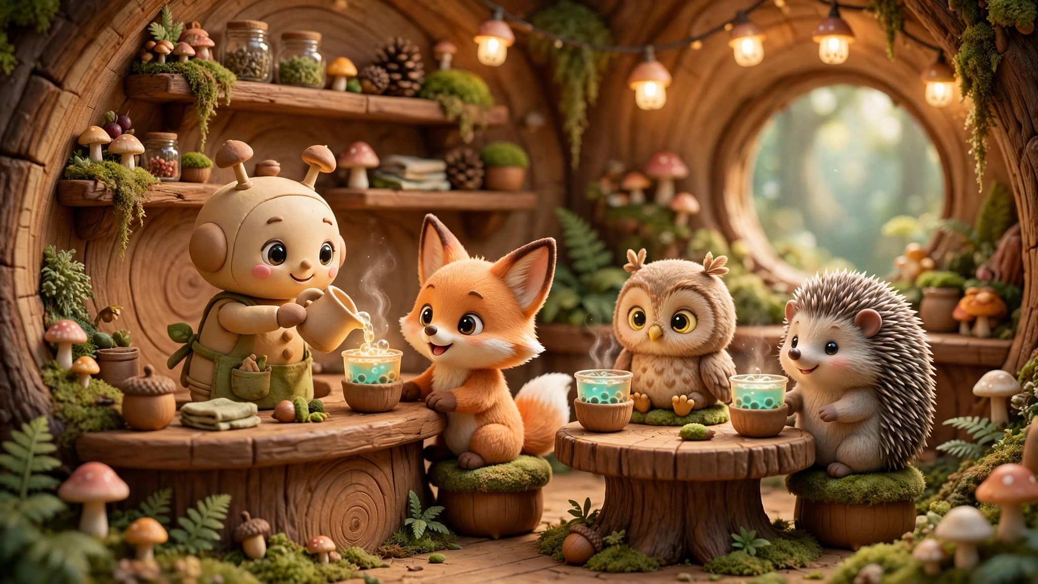Robot Barista Tree-Stump Café — Cute 3D Render — free ai image preview