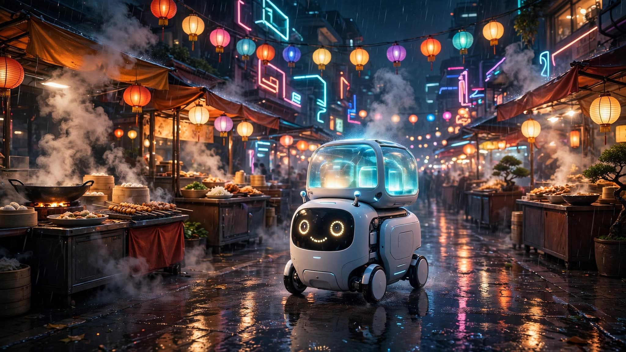 Robot Courier Gliding Through a Neon Night Market — free ai image preview