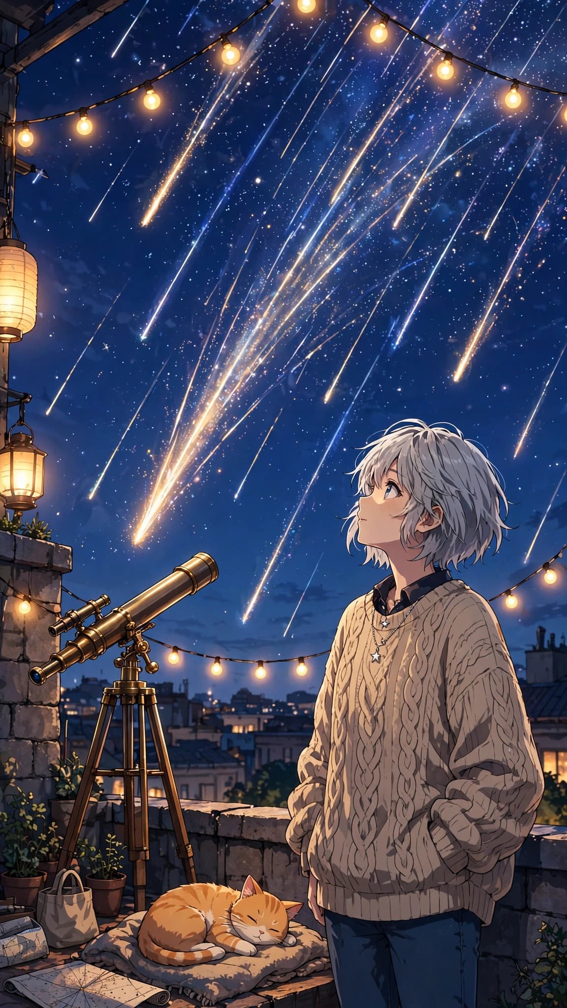 Rooftop Astronomer Watching a Meteor Shower — Anime Phone Wallpaper — free wallpaper preview