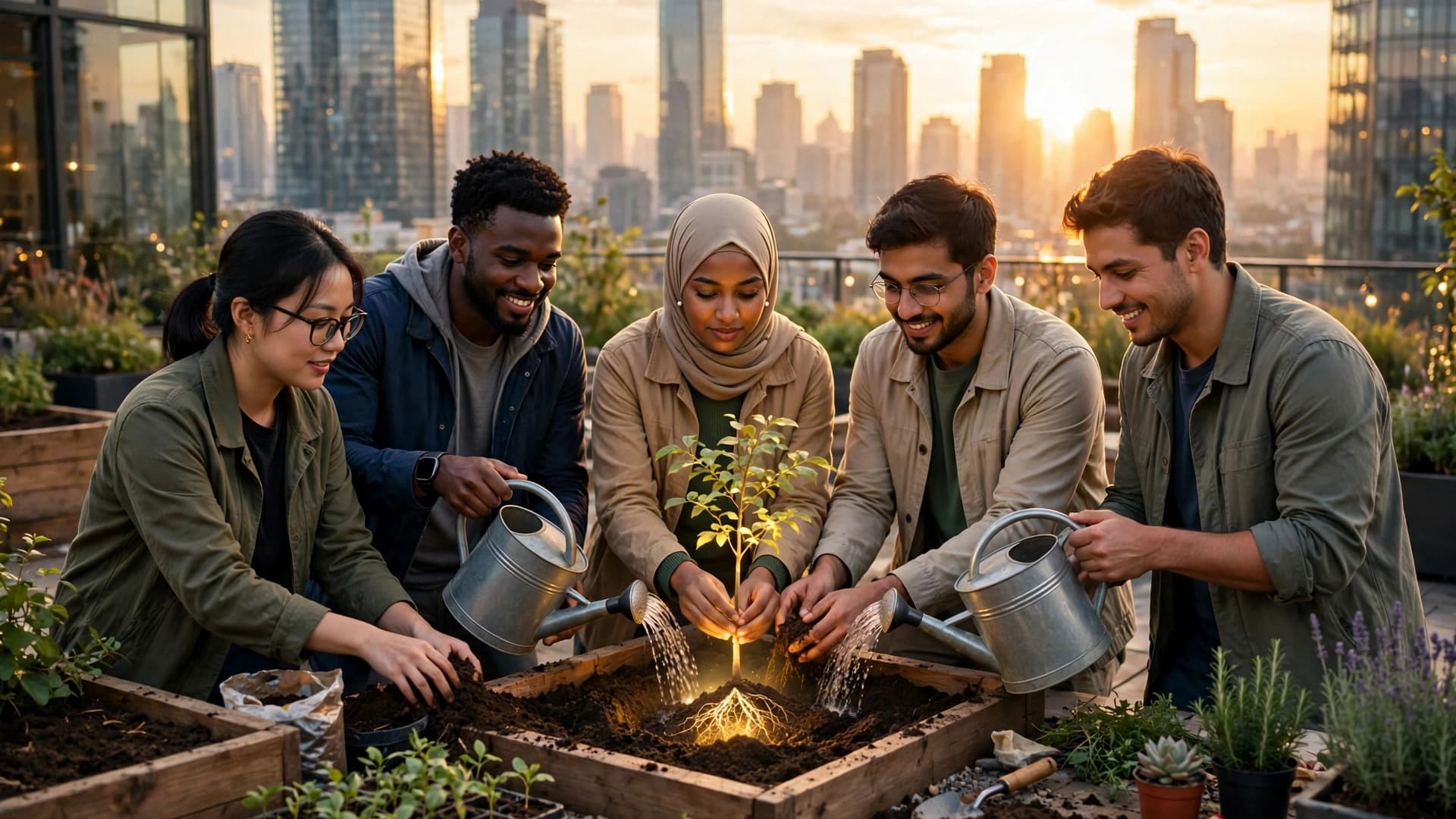 Team Planting a Glowing Tree in a Rooftop Garden — Free Business Image — free ai image preview